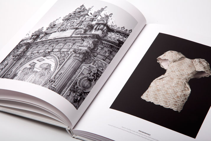 Double-page spread from Dice Kayek's ''Istanbul Contrast'' book.''Dolmabahçe'' dress. Photo © Dice Kayek Archive.