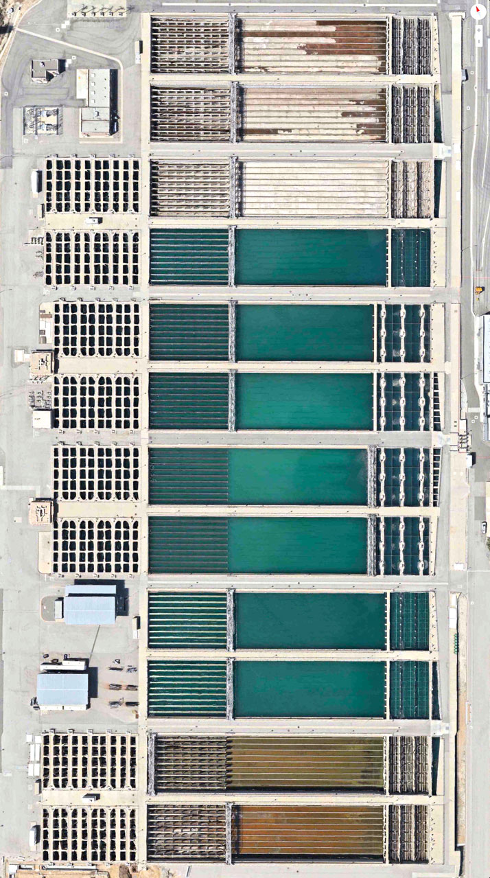 Joseph Jensen Water Treatment Plant, Granada Hills, California, USA.Overview captured with Apple Maps. Satellite imagery from Digital Globe.Copyright 2014, Daily Overview.