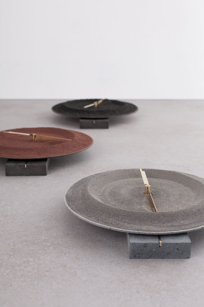 Monti Silvestri, 2014Basalt, brass, electrical components, lava sand.Each piece: H35 x D35 cm‘De Natura Fossilium’ by studio Formafantasma.Photo by Luisa Zanzani. Courtesy of Gallery Libby Sellers.