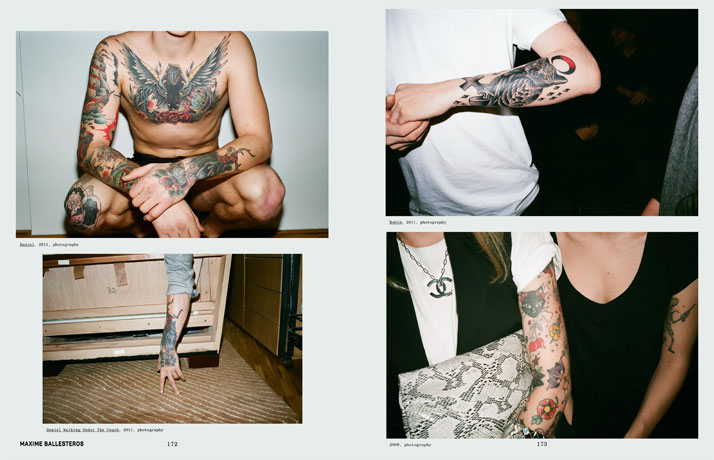 Spread  with photography featuring tattoo art by Maxime Ballesteros. From the  book 'Forever: The New Tattoo'. Copyright Gestalten 2012.