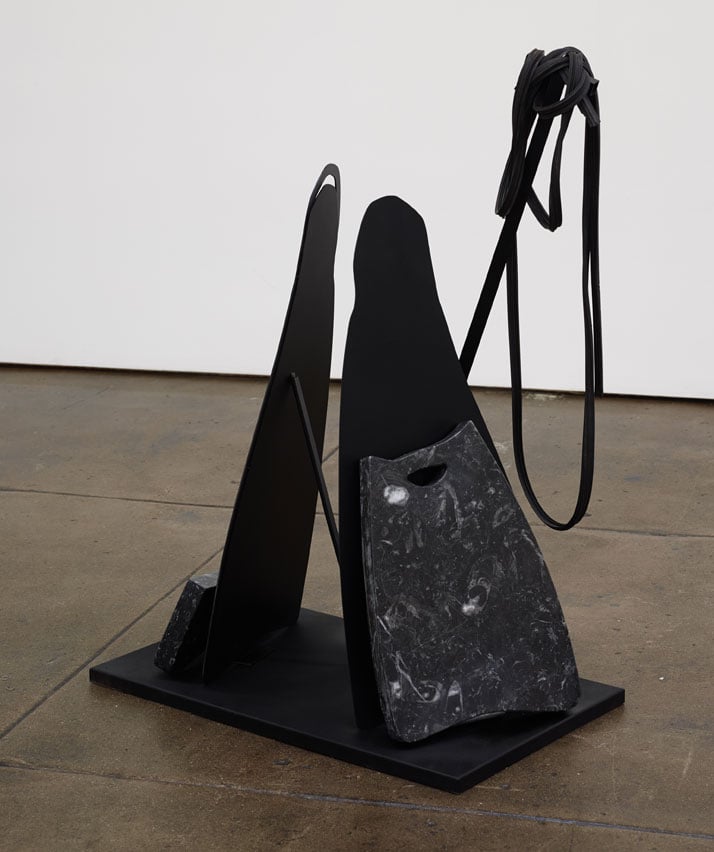 Rallou Panagiotou, Rubber Lineage II, 2014. Black marble, steel, spray paint, rubber, 80 x 70 x 38 cm. Courtesy the artist and Ibid London &amp; Los Angeles.