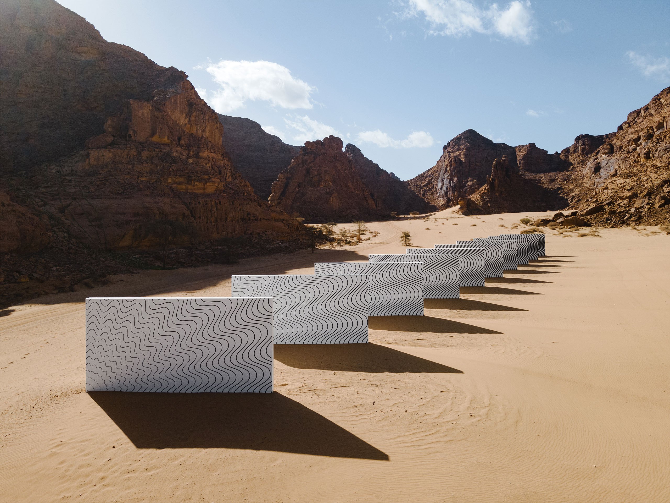 Claudia Comte, Dark Suns, Bright Waves, installation view, Desert X AlUla 2022. Courtesy of the artist and Desert X AlUla. Photo Lance Gerber.