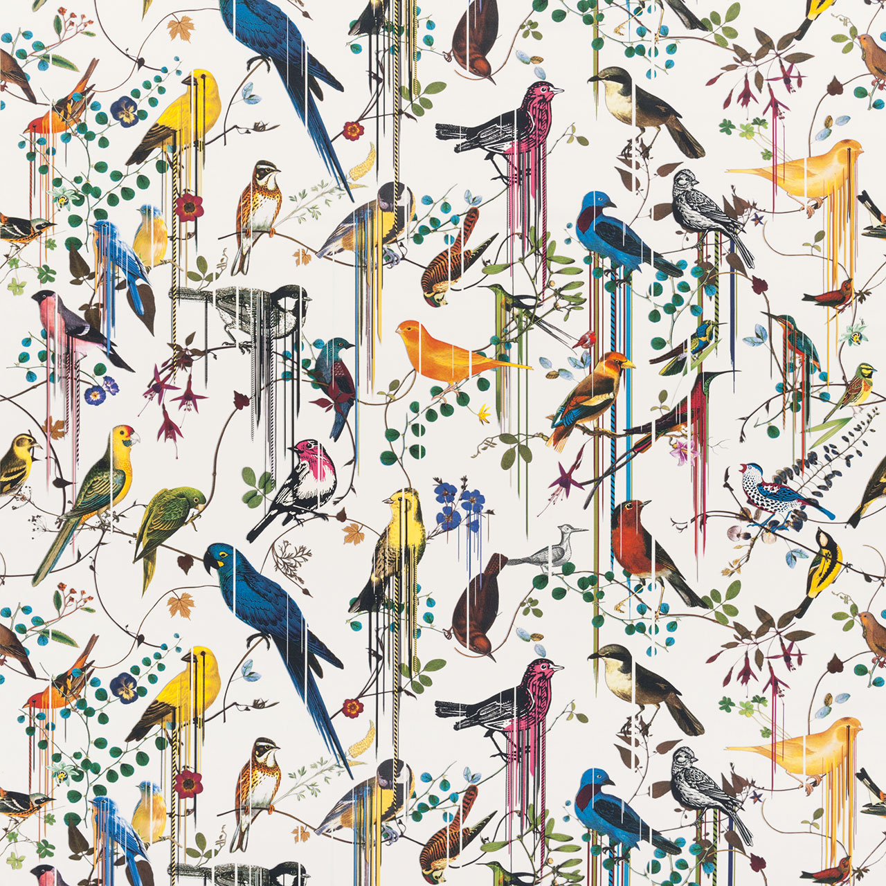 Christian Lacroix Maison, Birds Sinfonia (colourway Perce-Neige), from Histoires Naturelles, 2018. Digital print on fabric and paper, dimensions variable. Picture credit Christian Lacroix Maison. Courtesy PHAIDON.