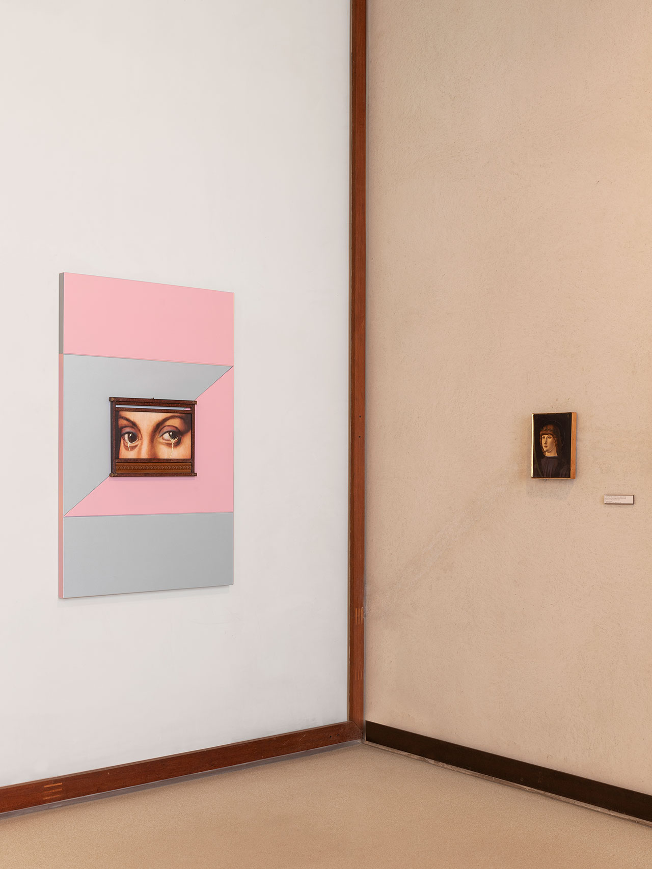 Francesco Vezzoli, PEEP SHOW (AFTER GIOVAN FRANCESCO CAROTO), 2024.
Inkjet print on canvas, metallic embroidery, artist's frame, 32.5 x 41.5 cm.
Installation view, Musei delle Lacrime, 2024, Museo Correr, Venice, Italy.
Courtesy the Artist and APALAZZOGALLERY.
Photography by Melania Dalle Grave, DSL Studio.