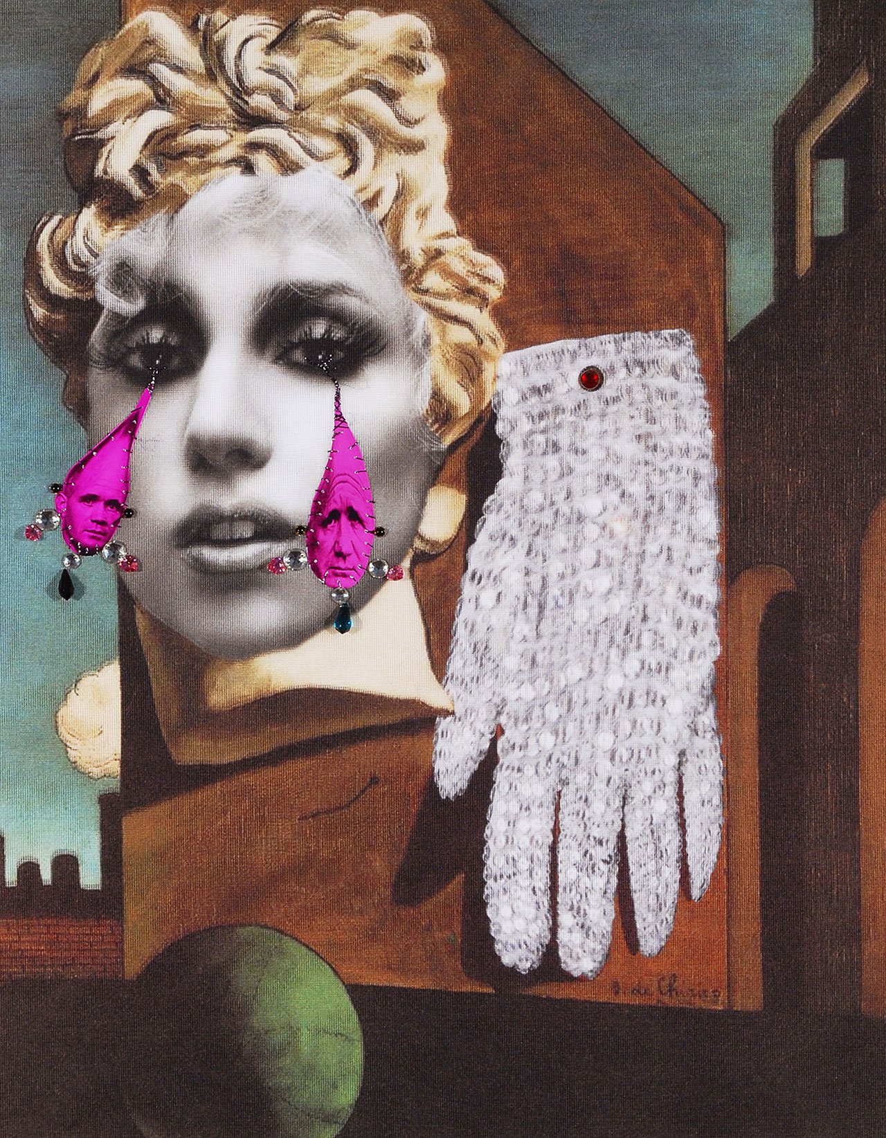 Francesco Vezzoli, Le Gant d’amour (After de Chirico and Jean Genet)[Detail], 2010.
Inkjet print on canvas, metallic embroidery, custom jewelry, paper. 74.5 x 61.5 cm.
Courtesy the artist and APALAZZOGALLERY