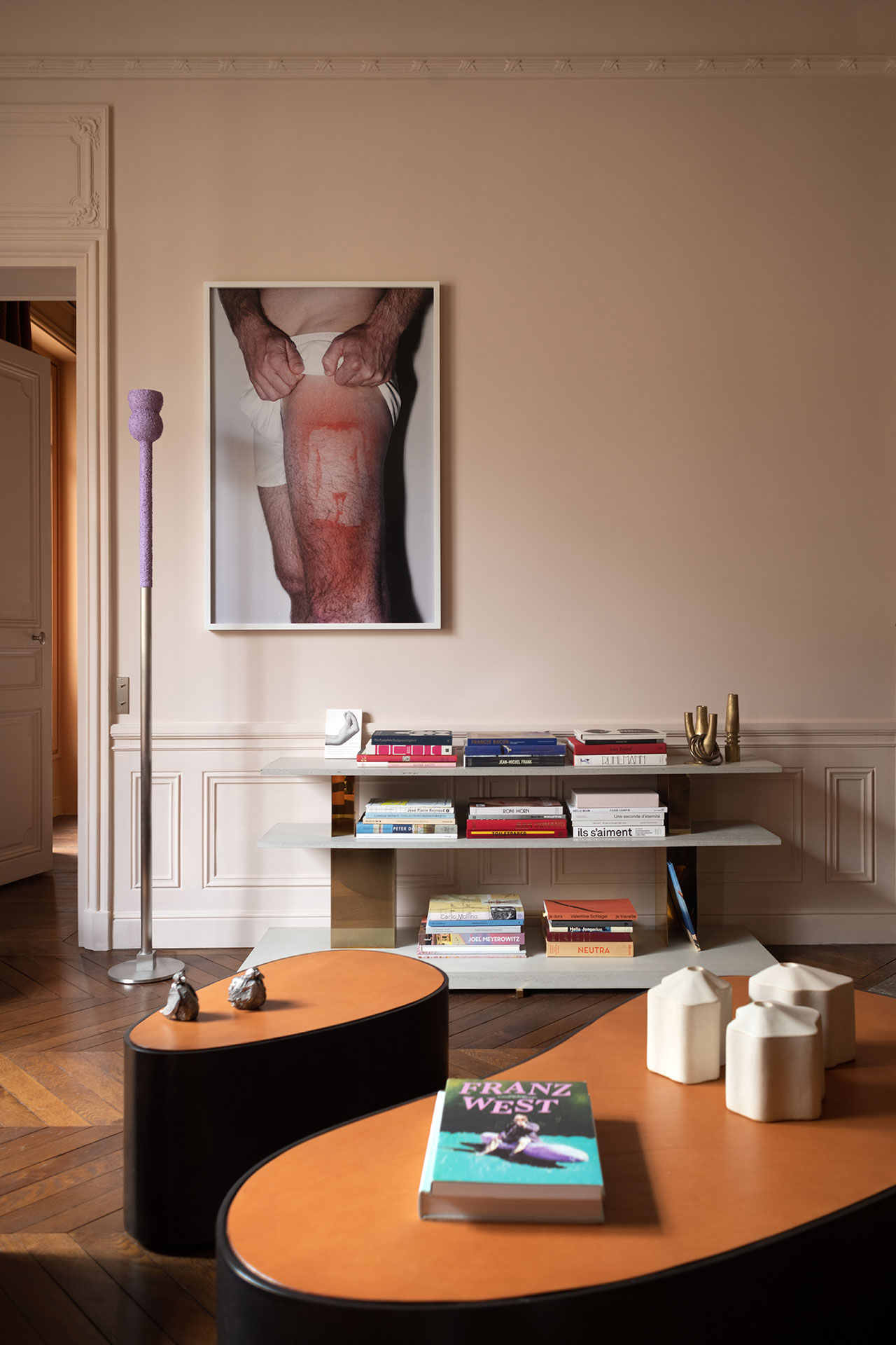 Photography by Giulio Ghirardi.
Featured: 'Lacrima' coffee table by Rodolphe Parente; 'Nuvole' set of 3 candlesticks by Isabelle Sicart &amp; Francesco Balzano (Galerie Carole Dacombe); 'Gesso' floor lamp by Rodolphe Parente; Framed photograph by Thomas Mailaender.