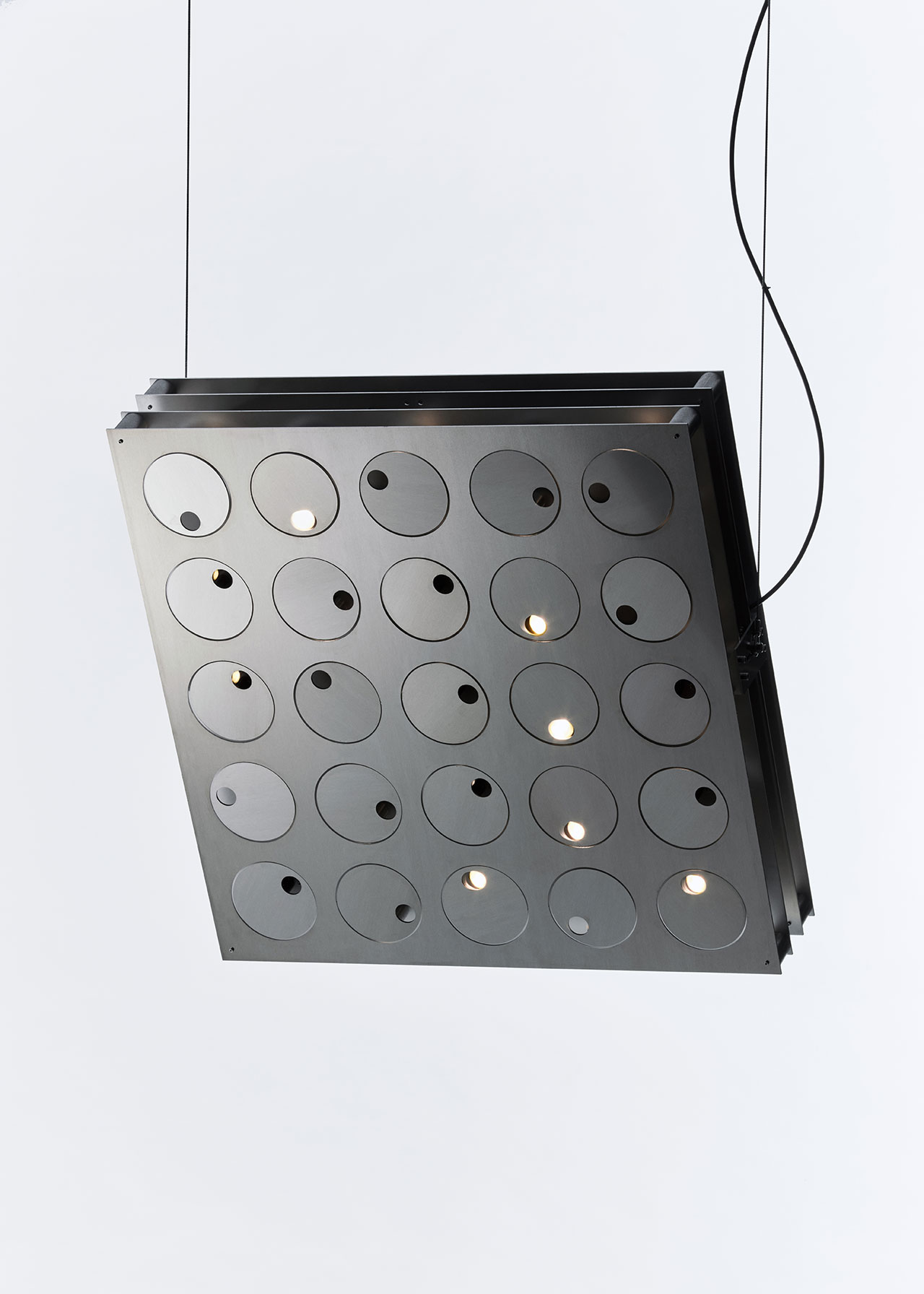 Flasher.
Materials: aluminium, G4 LED nuggets, printed technical and optical parts, mechanical transmission system, ball bearings, motors, converter (dimmable light).
Dimensions: 84 x 84 x 15cm  
Photography by Stanislas Huaux &amp; Jeremy Marchant.
© Studio Élémentaires