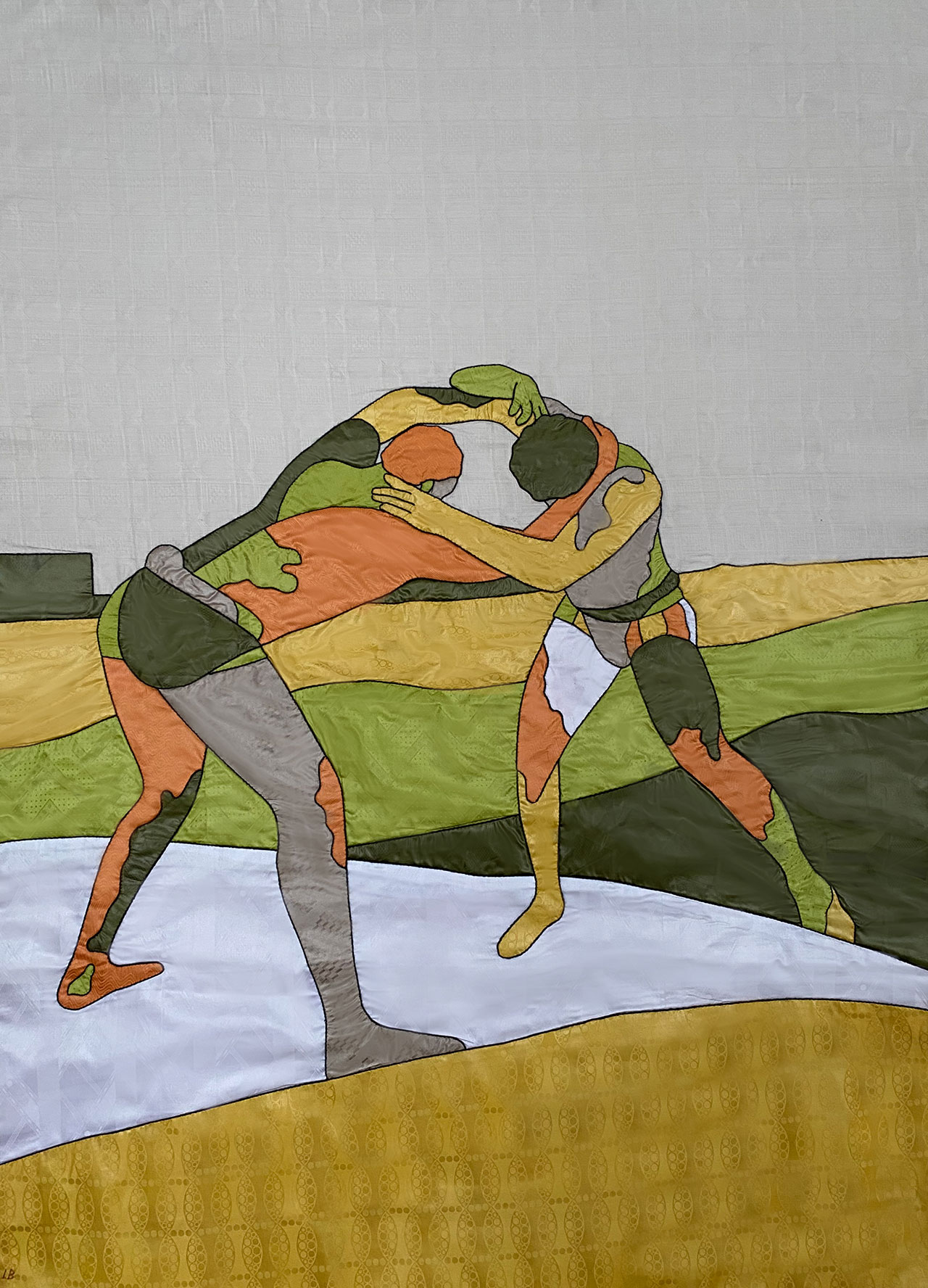 Louis Barthélemy, KHAYAMIYA 6 - PRESSURE from the Lutteurs/Wrestlers series, 2021. Appliquéd and hand embroidered «bazins» on cotton canvas. Unique edition.