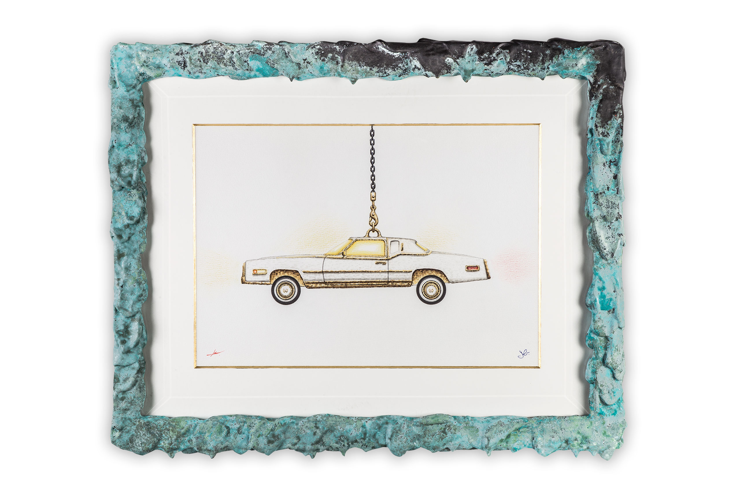 Studio Job, Eldorado, 2019. Drawing in crayon, felt-tip, ink, and 24k gold on paper. Patinated frame with faceted glass.
Courtesy of R &amp; Company and Studio Job.