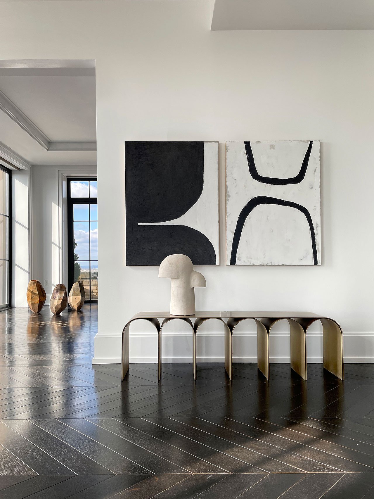 Galerie Philia at Walker Tower, Chelsea, New York. Courtesy of Galerie Philia.
Featured: 
Fino Prydz, Untitled 13 &amp; Untitled 11, 2020. Plaster, gesso, indian ink, cold wax on birch panel. 76.2cm x 101.6cm.
Elisa Uberti, Édifice table lamp, 2020. White stoneware. 44 x 34 x 18 cm.
Pietro Franceschini, Brass Gold Arch Bench, 2020. Brass. 155 x 33 x 43 cm.