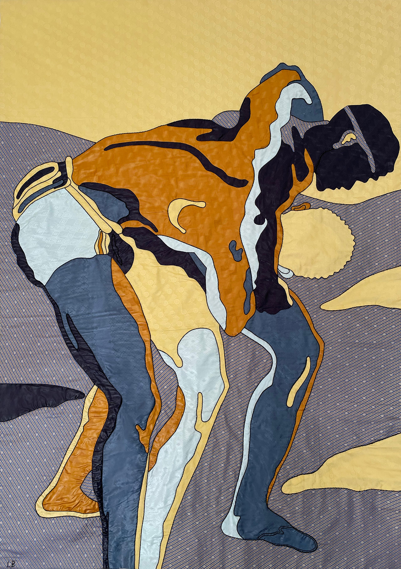 Louis Barthélemy, KHAYAMIYA 10 - MÊLÉE from the Lutteurs/Wrestlers series, 2021. Appliquéd and hand embroidered «bazins» on cotton canvas. Unique edition.