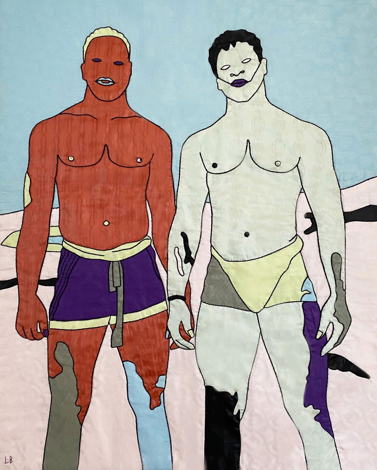 Louis Barthélemy, KHAYAMIYA 11 - TWO BROTHERS from the Lutteurs/Wrestlers series, 2021. Appliquéd and hand embroidered «bazins» on cotton canvas. Unique edition.