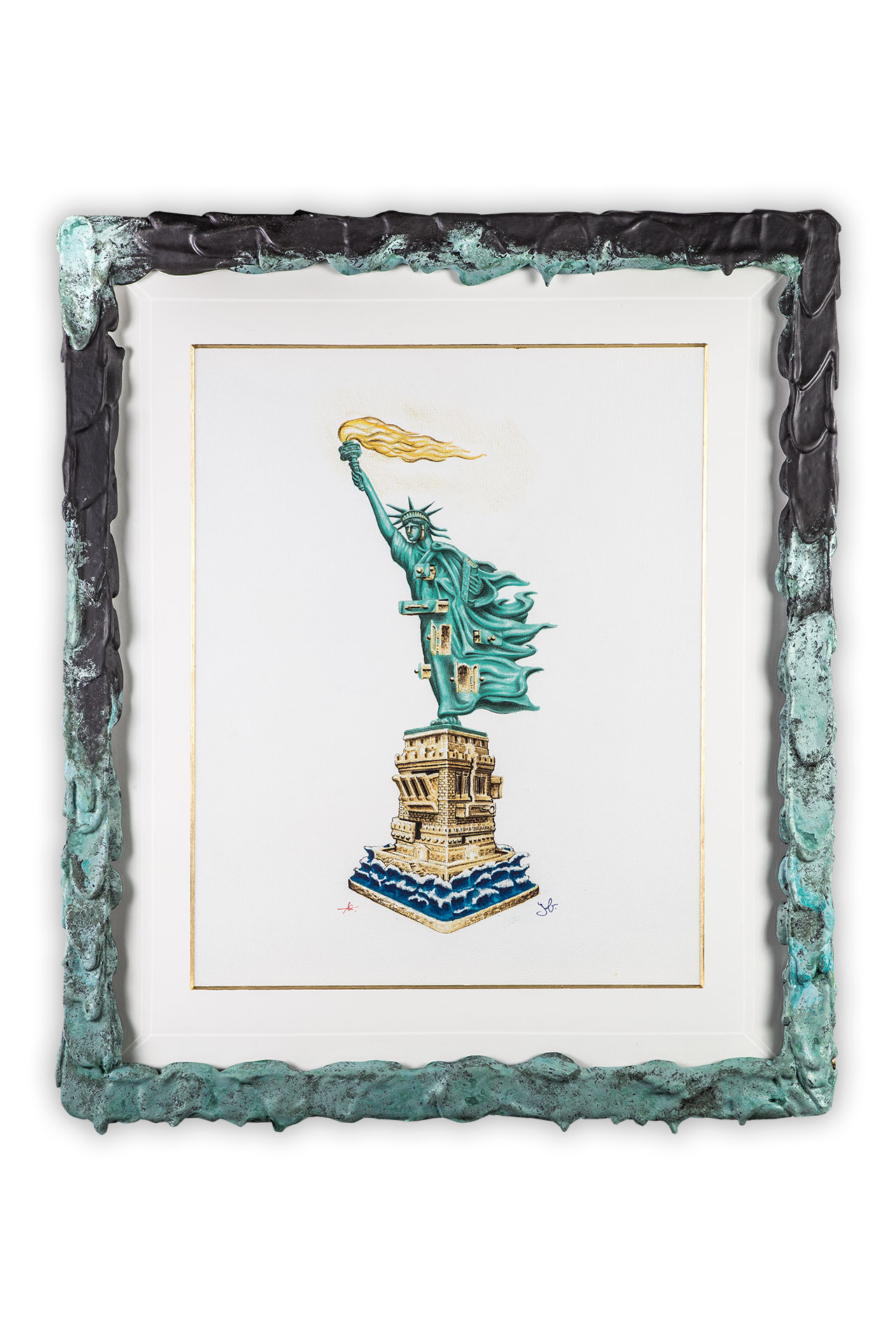 Studio Job, Lady Liberty, 2019. Drawing in crayon, felt-tip, ink, and 24k gold on paper. Patinated frame with faceted glass.
Courtesy of R &amp; Company and Studio Job.