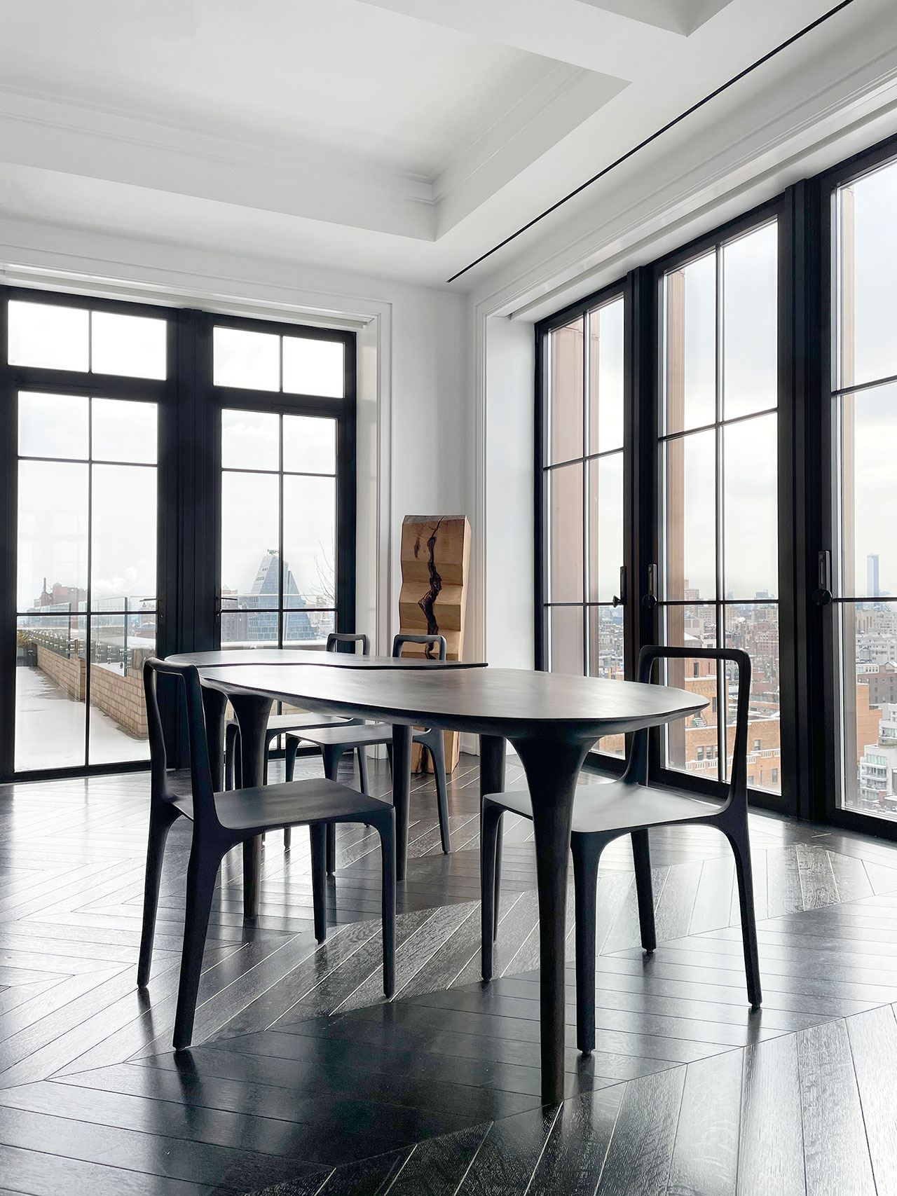 Galerie Philia at Walker Tower, Chelsea, New York. Courtesy of Galerie Philia.
Featured:
Vince Skelly, Corsica Tower, 2020. Oak. 30 x 30 x 127 cm.
Cedric Breisacher, Dot chair, 2020. Hand-sculpted solid oak. H 46/80 cm x P 44 cm x L42 cm.
Cedric Breisacher, Dining table, 2020. Hand-sculpted plane tree.
