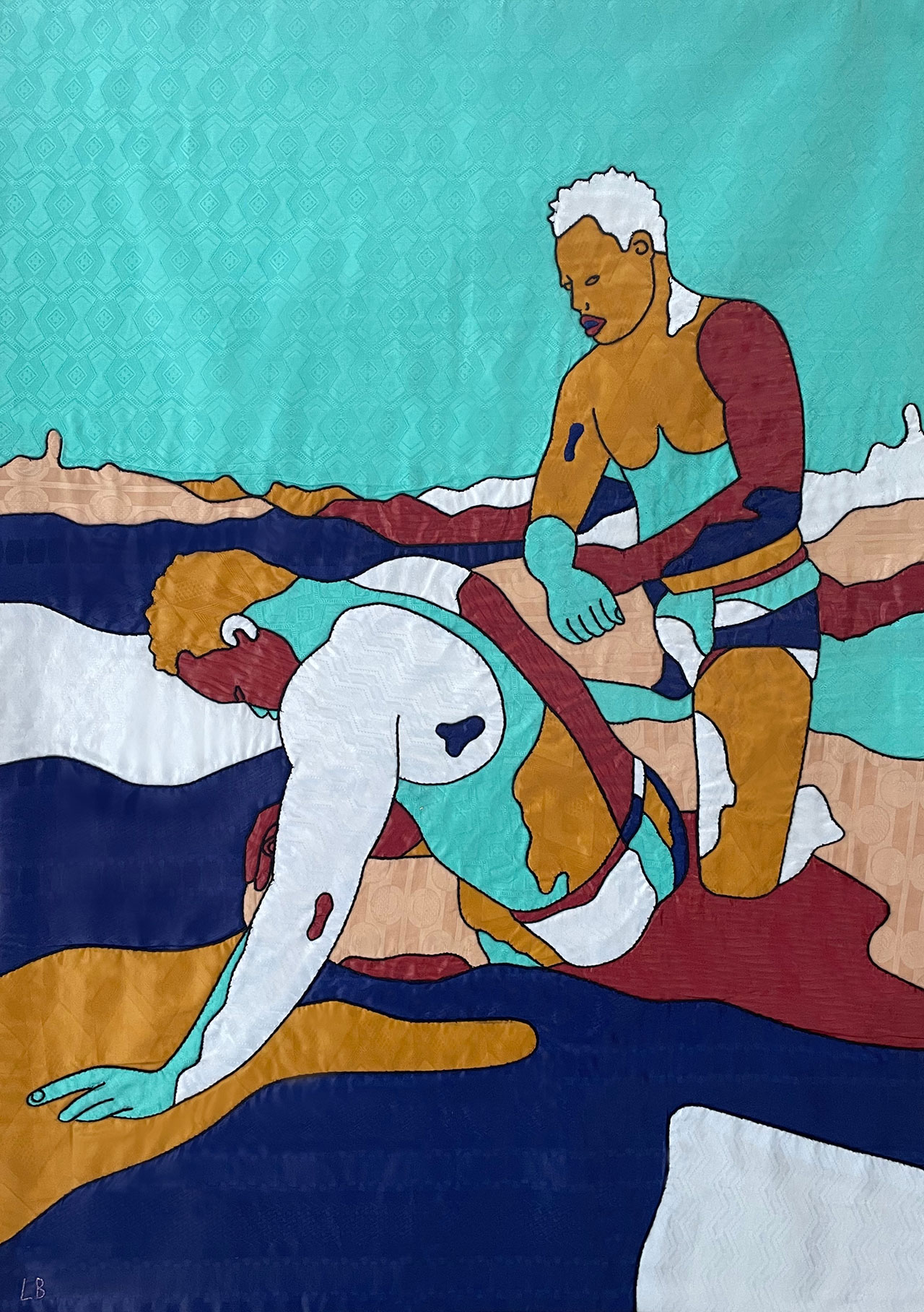 Louis Barthélemy, KHAYAMIYA 13 - THE VANQUISHED from the Lutteurs/Wrestlers series, 2021. Appliquéd and hand embroidered «bazins» on cotton canvas. Unique edition.