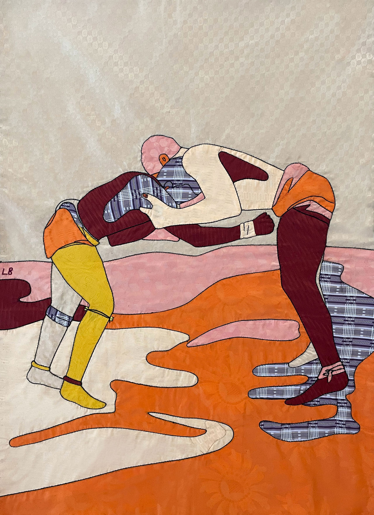 Louis Barthélemy, KHAYAMIYA 14 - THE GRIP from the Lutteurs/Wrestlers series, 2021. Appliquéd and hand embroidered «bazins» on cotton canvas. Unique edition.