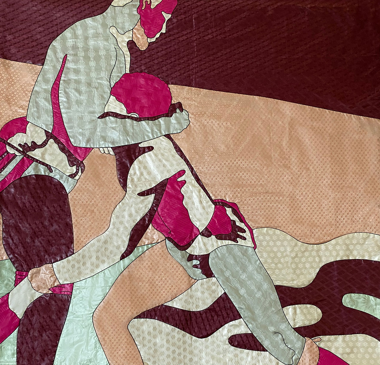 Louis Barthélemy, KHAYAMIYA 16 - CONFRONTATION from the Lutteurs/Wrestlers series, 2021. Appliquéd and hand embroidered «bazins» on cotton canvas. Unique edition.