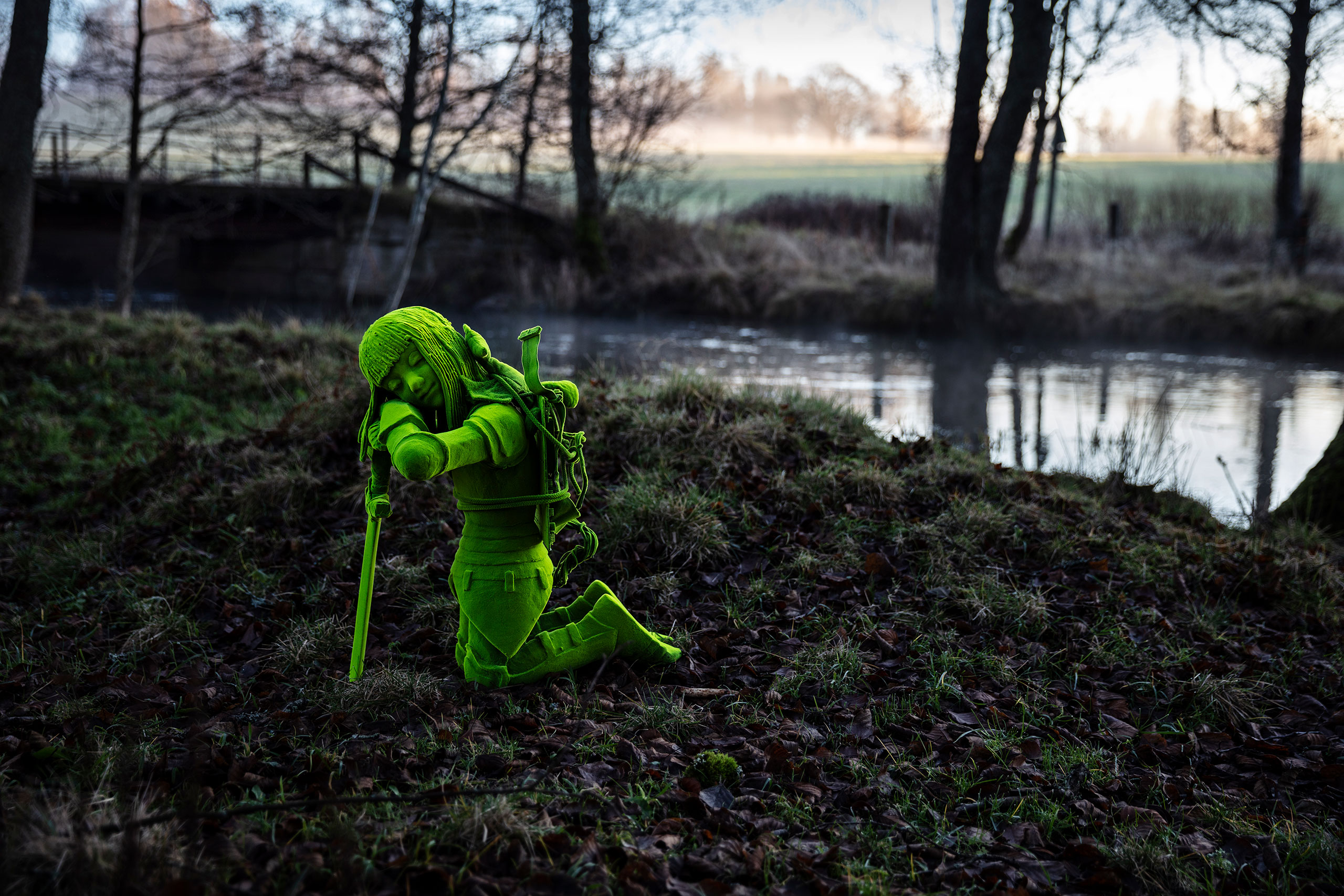 One of Kim Simonsson’s Moss Children photographed out in the landscape of the Finnish Countryside. Photography by Jefunne Gimpel, courtesy of the artist.