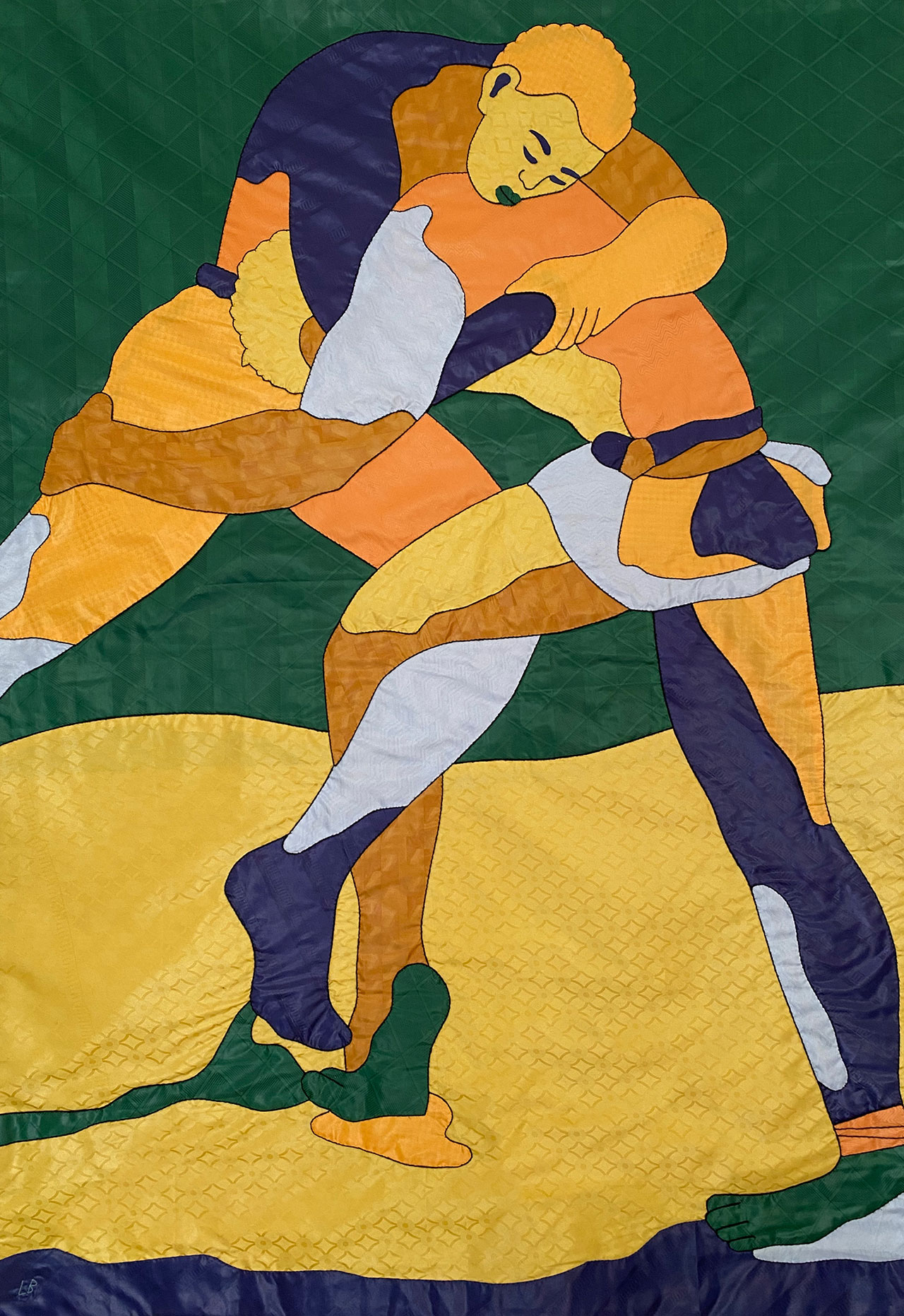 Louis Barthélemy, KHAYAMIYA 21 - INTERTWINED from the Lutteurs/Wrestlers series, 2021. Appliquéd and hand embroidered «bazins» on cotton canvas. Unique edition.