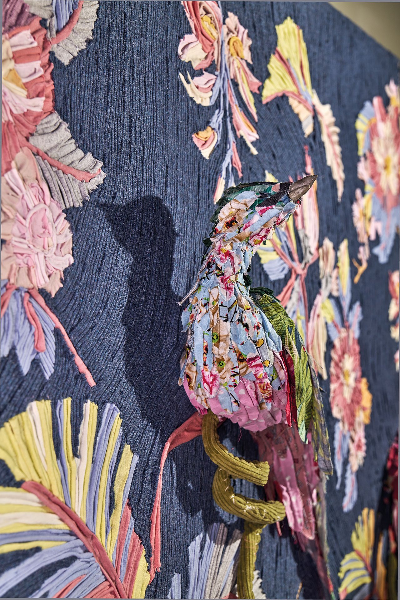 Tamara Kostianovsky, The Conference of the Birds (detail), 2021. Discarded Textiles on Wood. 48 x 64 x 8 in. Courtesy of Slag Gallery and Artist