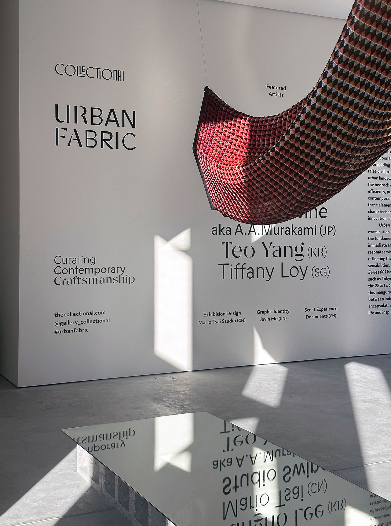 Exhibition view. Urban Fabric Series 001 at Gallery Collectional, Dubai. © Mario Tsai Studio.
Featured:
Night, 2024, by Tiffany Loy. Silk and cotton, powder-coated aluminium, 670 x 3000 x 670 mm. Edition of 6.