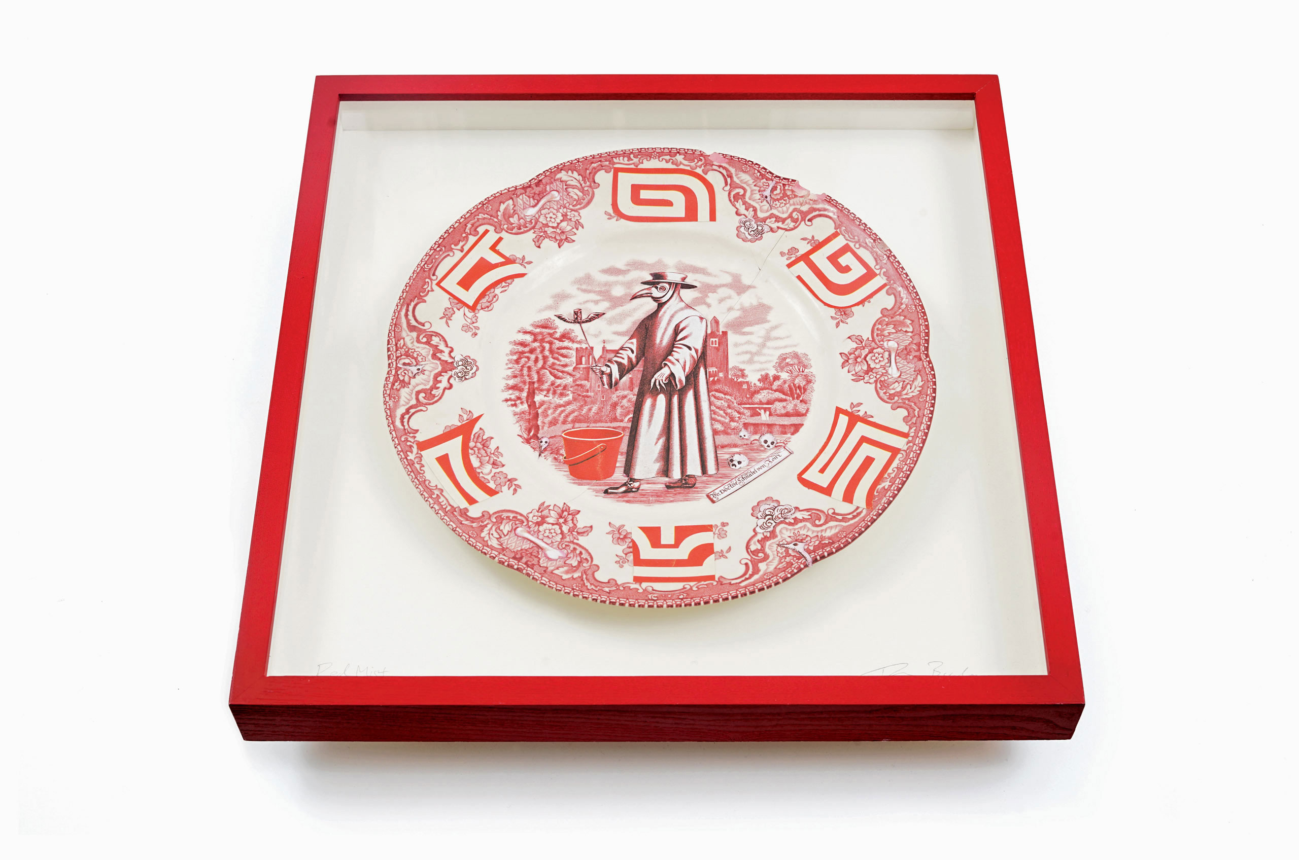 RED MIST by Tom Buchanan 2020, 35 × 35 × 5 cm Illustrated ceramic plate in wooden tinted box frame. Courtesy of Tom Buchanan and 8 Books.