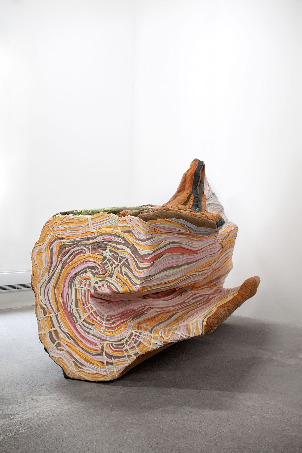 Tamara Kostianovsky, Uprooted, 2021. Discarded Textiles on Wood. 64 x 48 x 34 in. Courtesy of Slag Gallery and Artist