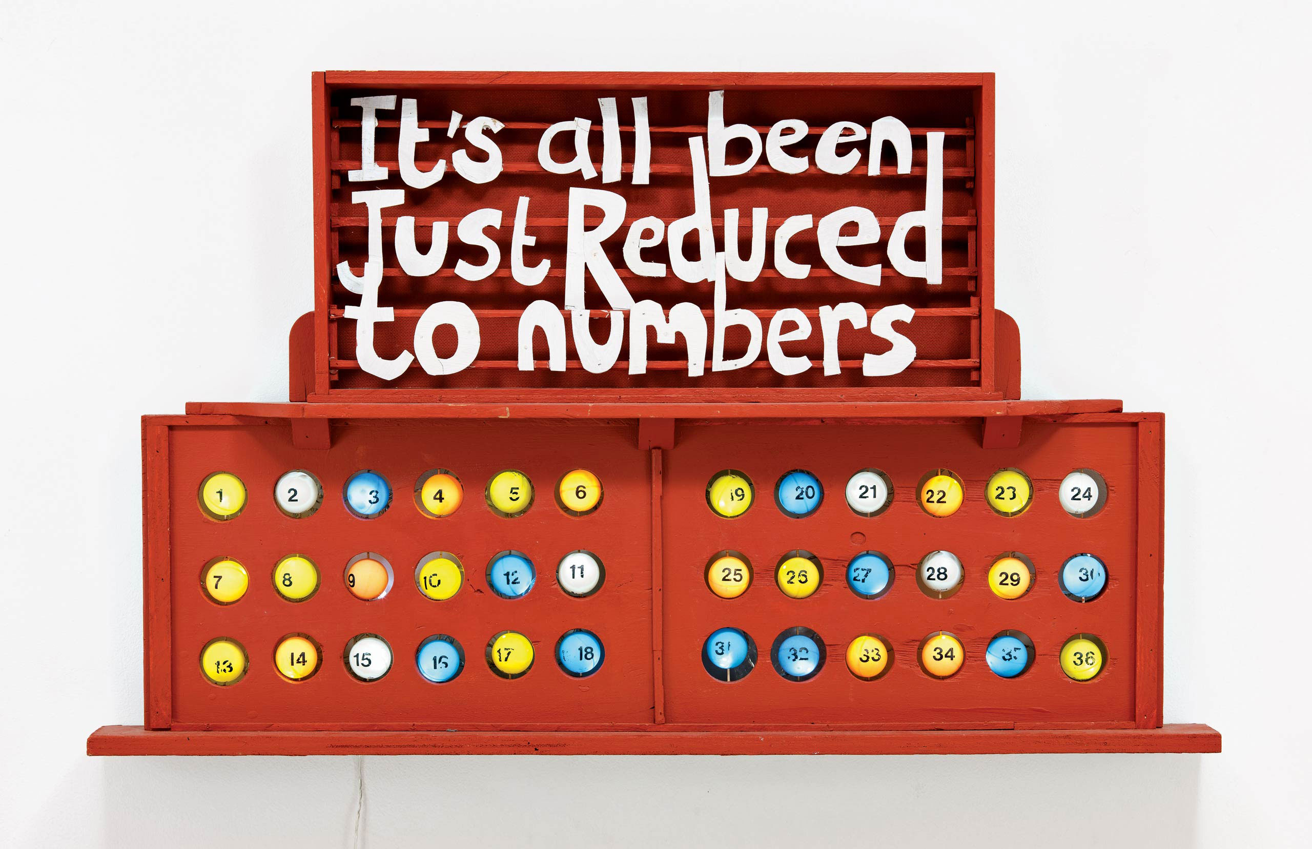 IT’S ALL BEEN JUST REDUCED TO NUMBERS by Stephen Stockbridge 2014, 70 × 110 × 9 cm Wood, paint, LEDs, ping-pong balls. Courtesy of Tom Buchanan and 8 Books.