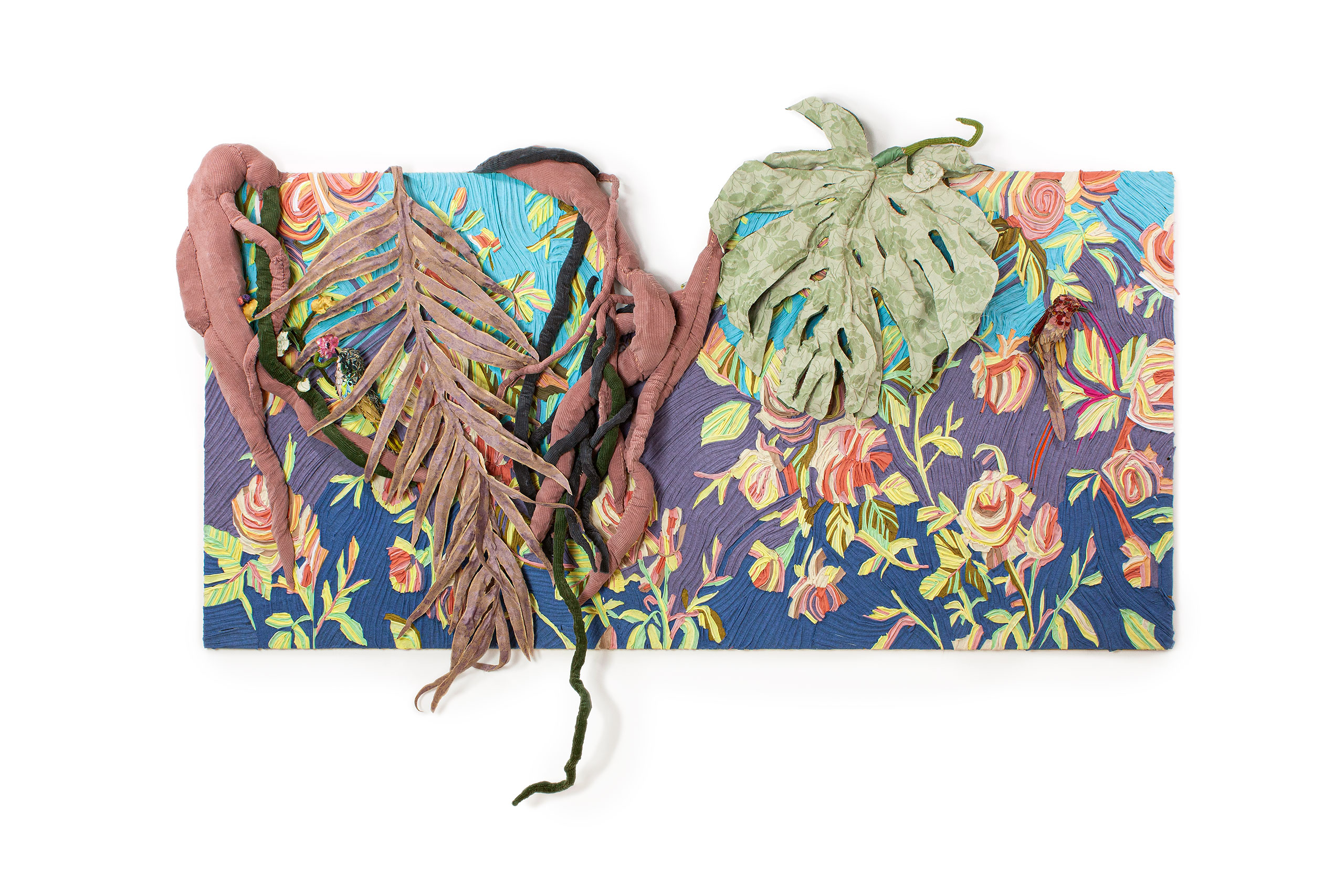 Tamara Kostianovsky, Textile Jungle, 2022. Discarded Textiles on Wood. 96 x 56 x 6 in. Courtesy of Slag Gallery and Artist