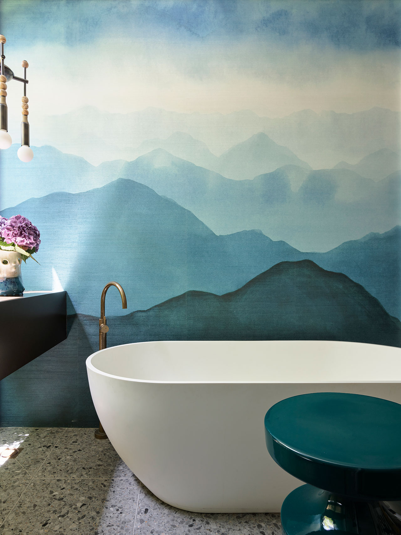 'Yannan' wallpaper by Pierre Frey; 'Bishop Stool' by India Mahdavi.
Photography by Anson Smart.