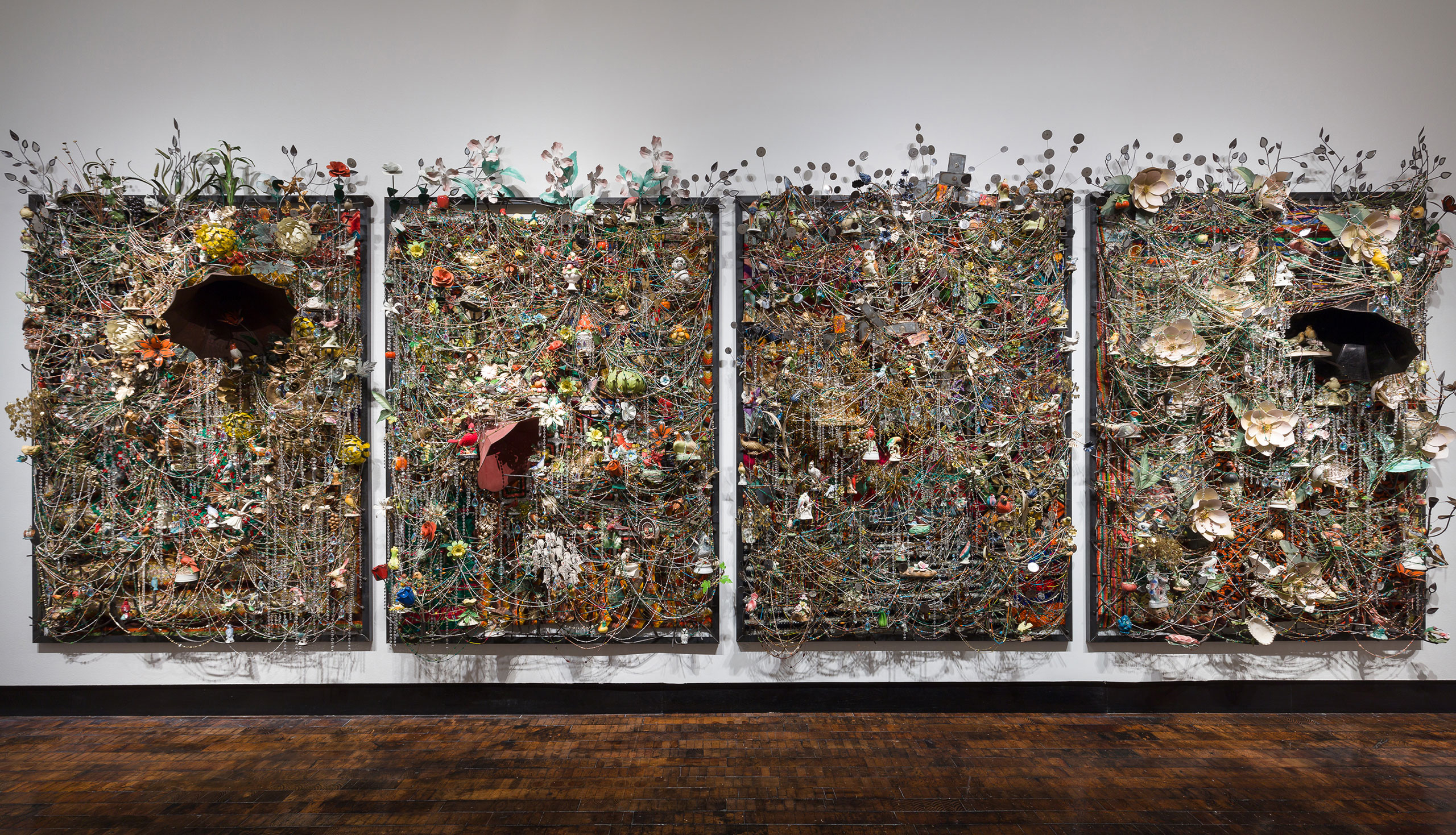 Nick Cave, Wall Relief, 2013. Mixed media including ceramic birds, metal flowers, afghans, strung beads, crystals and antique gramophone. 4 panels, each: 97 x 74 x 21 in. © Nick Cave. Courtesy of the artist and Jack Shainman Gallery, New York.