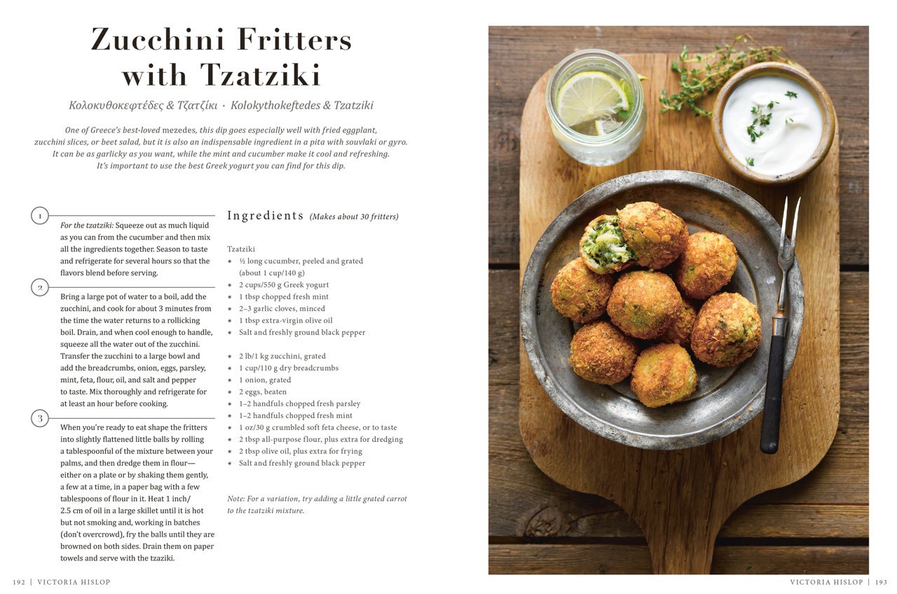 Zucchini Fritters with Tzatziki by novelist Victoria Hislop from 'A Taste of Greece' - Recipes, Cuisine &amp; Culture by HRH Princess Tatiana &amp; Diana Farr Louis, published by teNeues. Photo © Antonios Mitsopoulos.