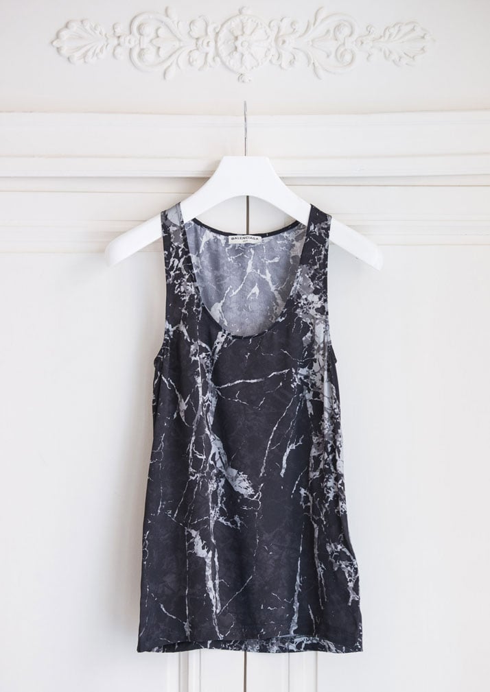 Black marble-print silk top by Balenciaga. Photo © Département Féminin.