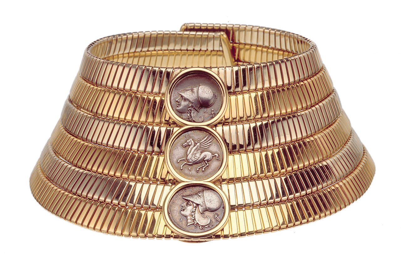 Tubogas choker in two-colour gold with silver GREEK coins, 1974.Photo © Bulgari Archives.