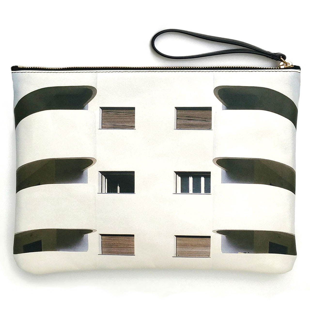 Shoulder bag "Busy City | BAUHAUS 2" in calf skin leather, digital printed with removable and adjustable shoulder strap by Passerin-nonpareil / Adrian Cruz Chavez, Carolina Jimenez Andrioli and Francesca Neri.​