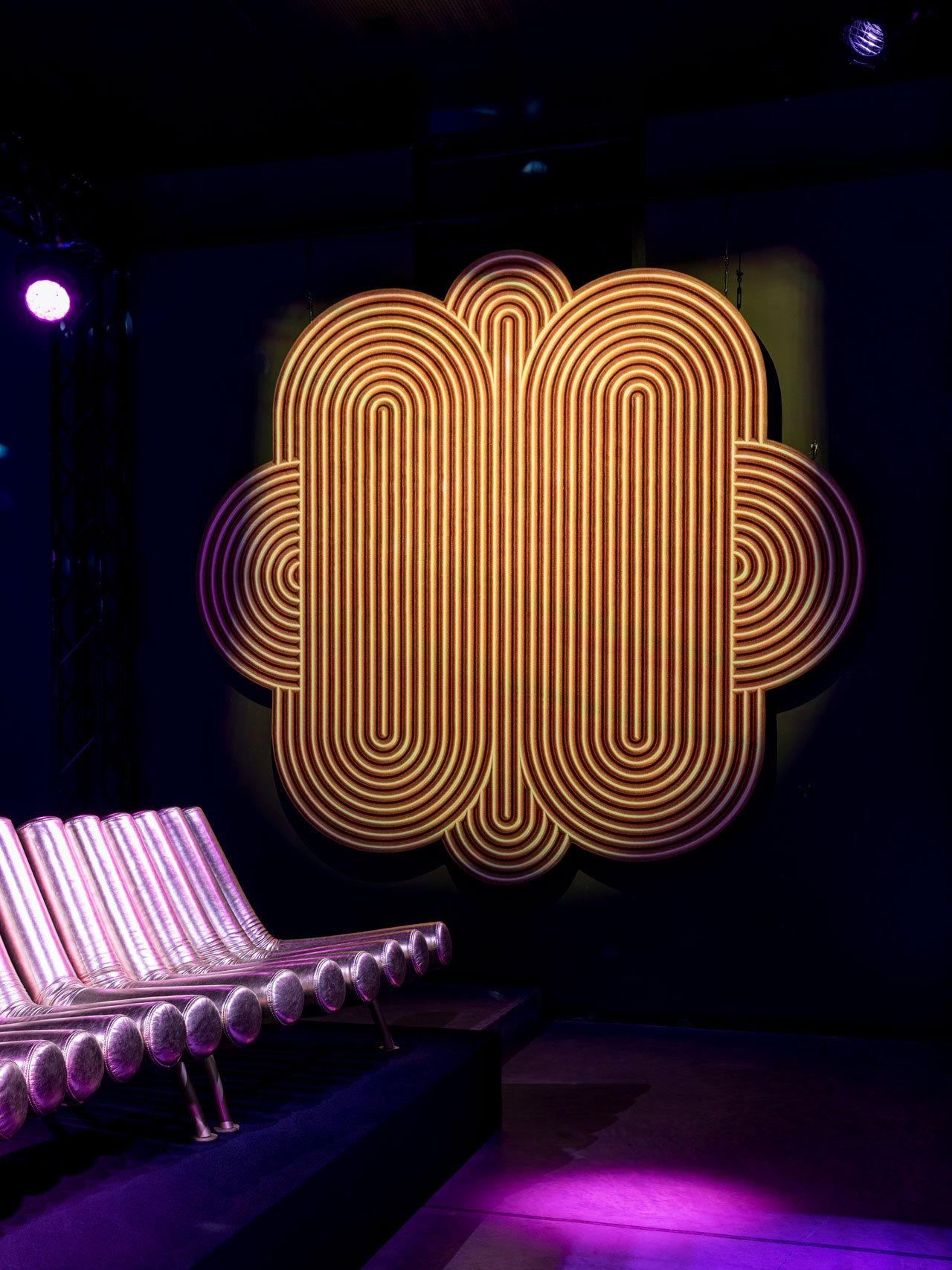 DANCE FLOOR rugÂ by GaÃ«lle Gabillet et StÃ©phane Villard/GGSVÂ and JIMMY sofa by Atelier Biagetti from theÂ Disco Gufram collection.Photo byÂ Delfino Sisto Legnani e Marco Cappelletti.