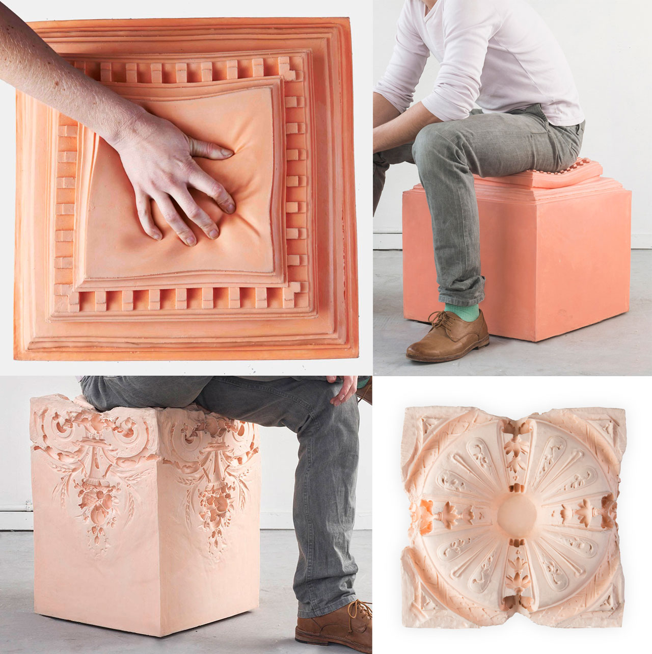 "Elements of Time" series of furniture by Nynke Koster. H 50 x W 39 x D 39 cm / Foam with rubber, Frame of wood.