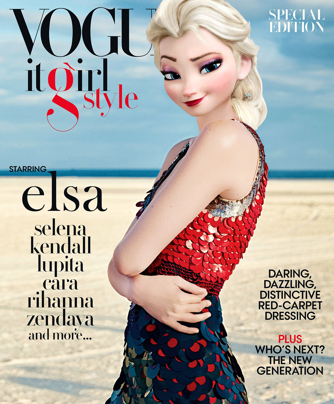 吉吉·哈迪德 (Gigi Hadid) 在《Vogue》杂志 It-girl 风格特别版的封面上饰演 Elsa。 由 Gregory Harris 拍摄，Sara Moonves 造型，Gregory Masouras 照片编辑。