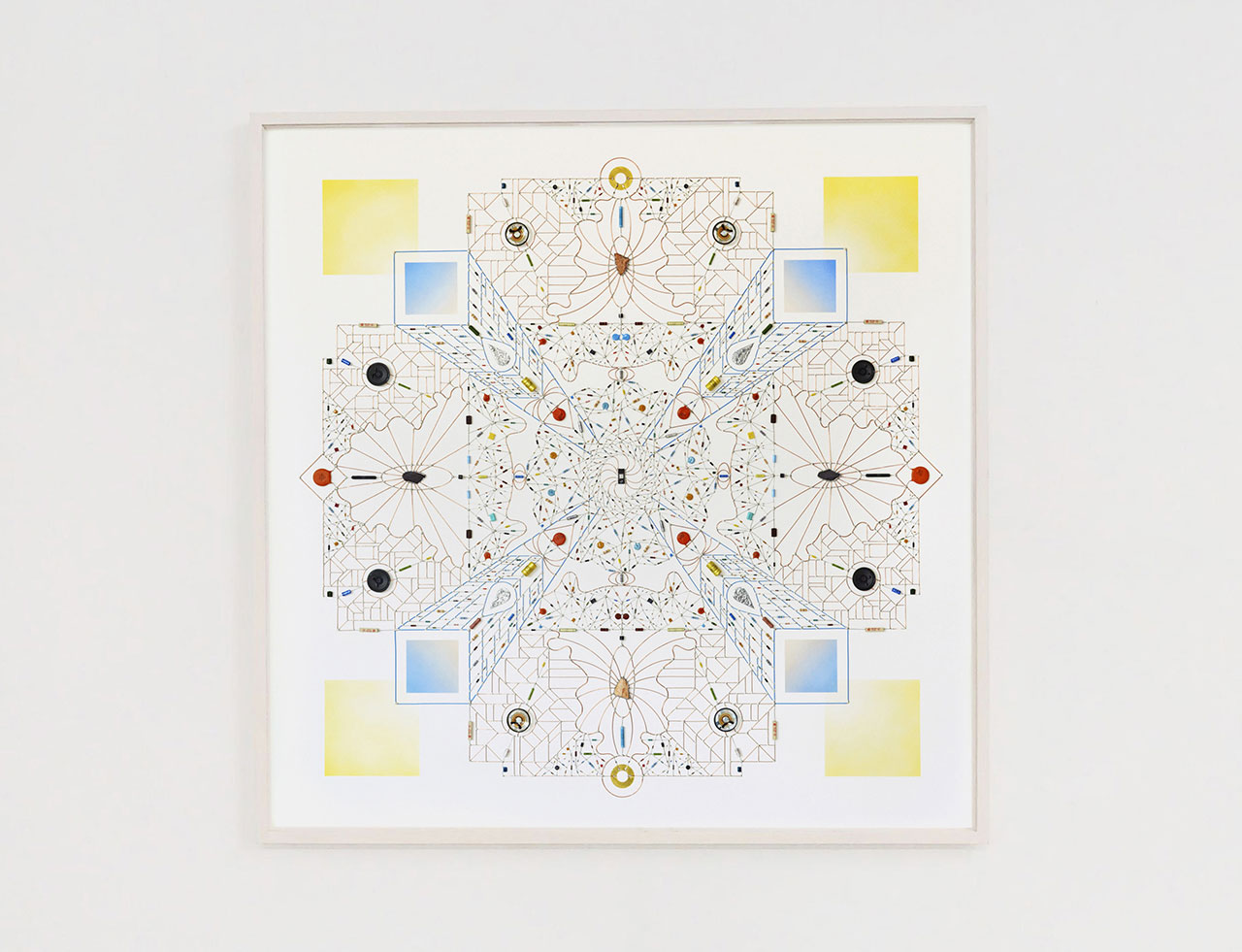 Technological Mandala 110 'Eye Collider', 2018. Electronic components, copper wires, varnish, lead, paper, acrylic paint, sand, speaker, stone, mdf,framed, 152x152x5,5 cm | 60x60x2¼  inches. Courtesy: The Flat – Massimo Carasi. Photo by The Flat.