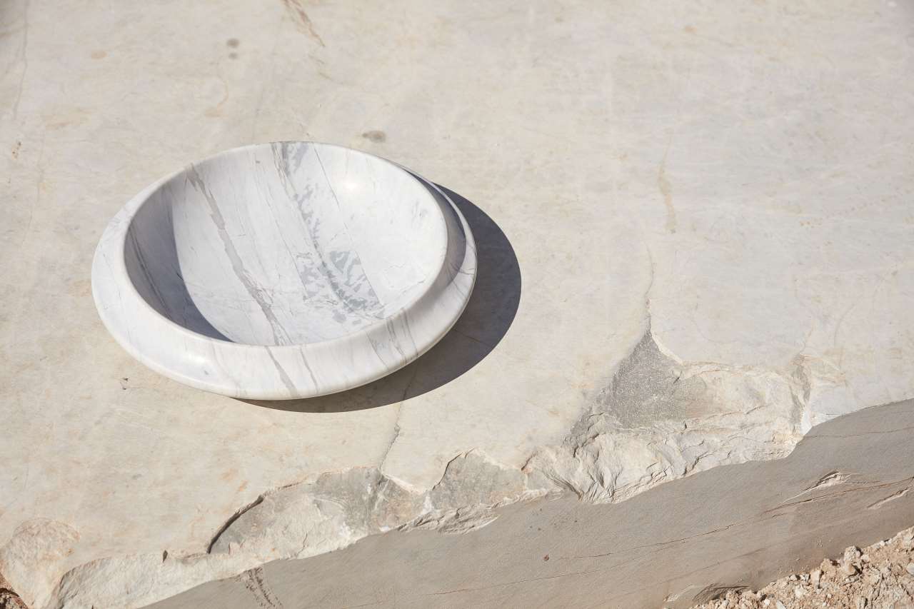 Undara designed by Nick Rennie, Elba marble, ø395 x 82mm. Part of New Volumes collection by Artedomus. Photo by Sean Fennessy.