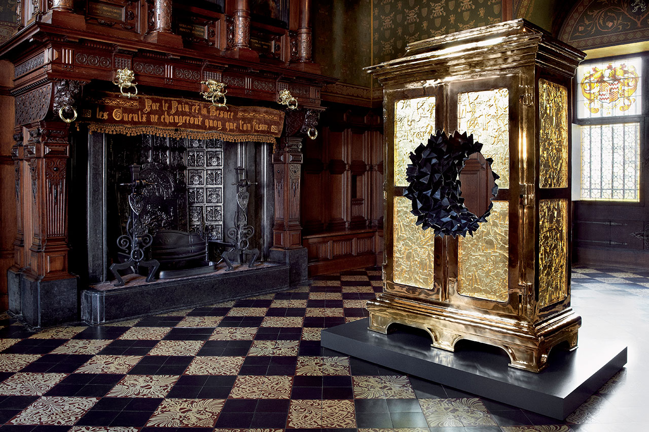CABINET from Robber Baron series 2006–07. Polished and patinated bronze, 24-karat gilding. Installation view from Gaasbeek Castle. Photo by Robert Kot.
