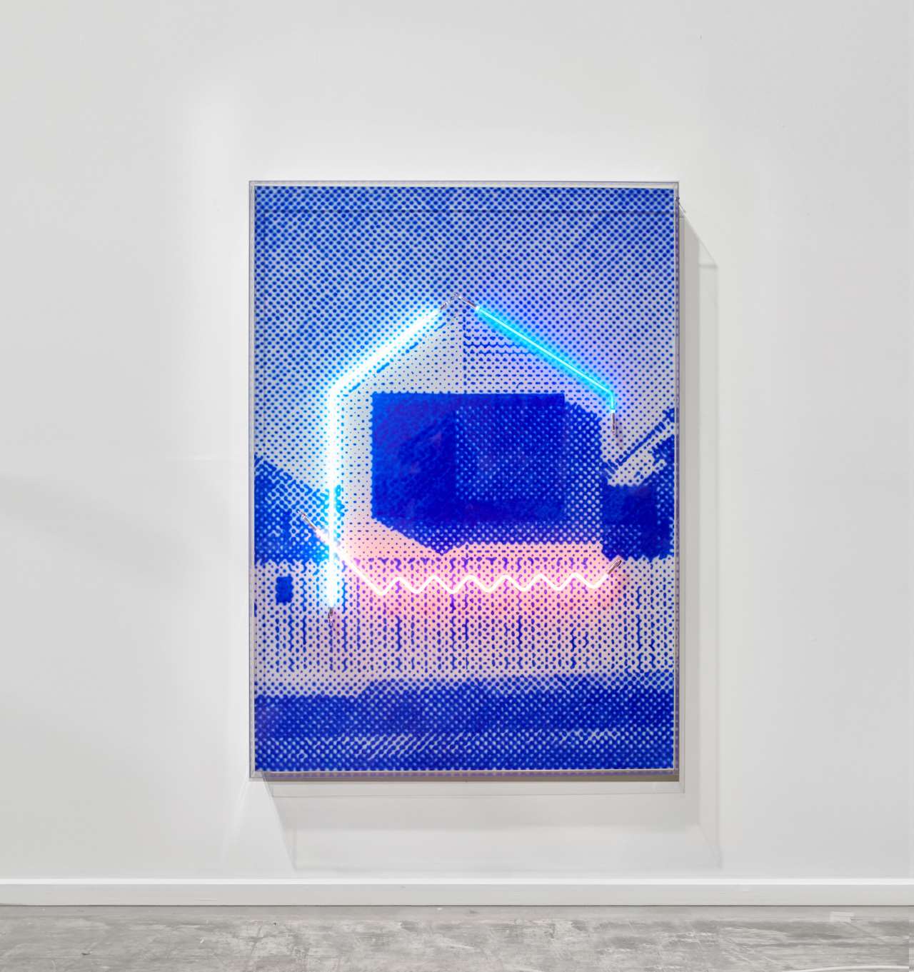 Tom Adair, Picture perfect with a white picket fence, Airbrush acrylic polymer and neon on dibond, acrylic frame, 115x160cm. © Tom Adair.