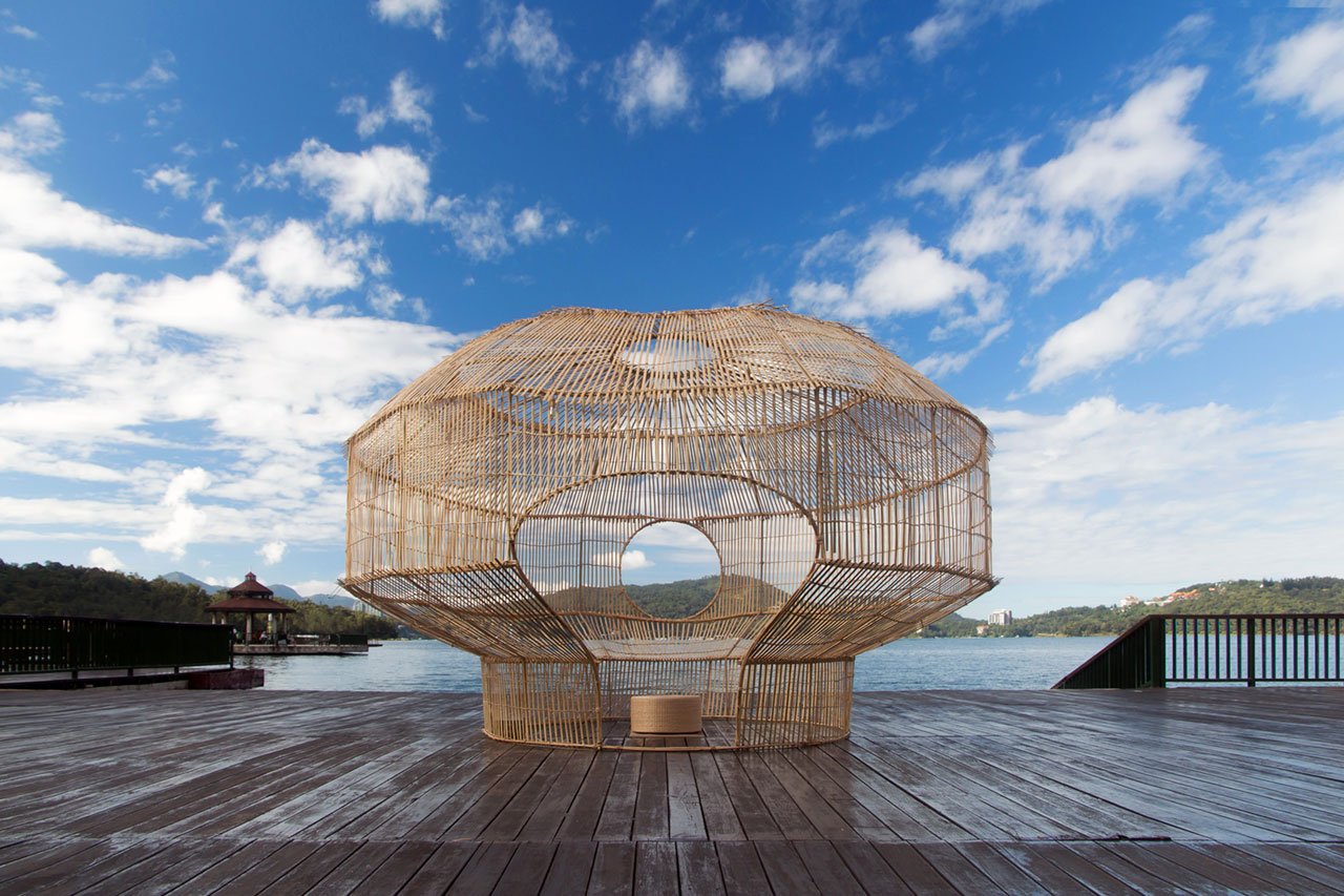 Cheng-Tsung Feng, Fish Trap House, 2017. Installation view at Ita Thao Pier, Sun Moon Lake, Nantou, Taiwan. Bamboo, Rattan, Stainless steel, 500x500x330cm. Photo by Chong Sheng Hsu.