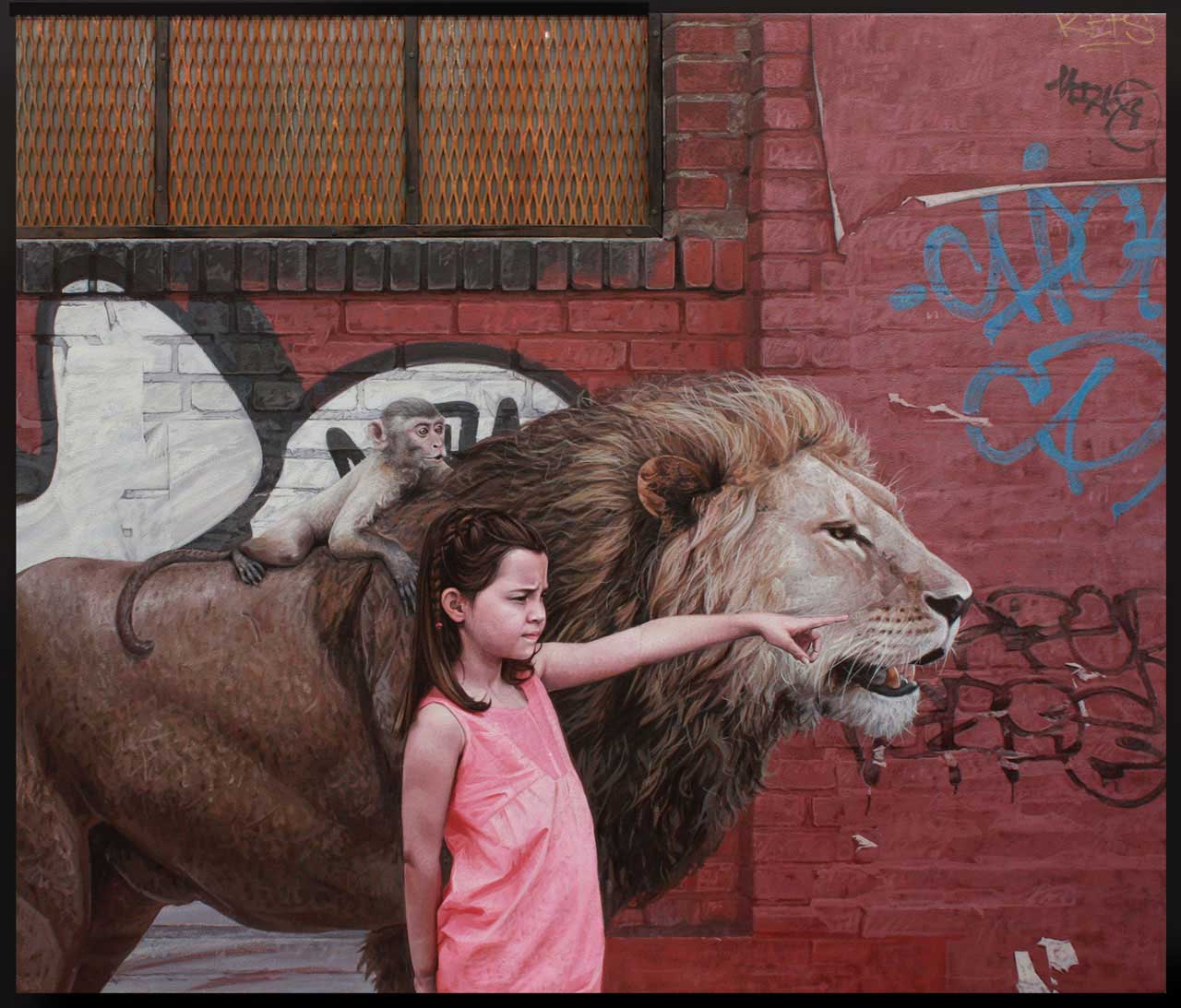 凯文·彼得森，狮子，狮子，2015 年。木板上的油和混合材料，带有膨胀金属和有机玻璃，69 × 58 厘米。 ©凯文彼得森。