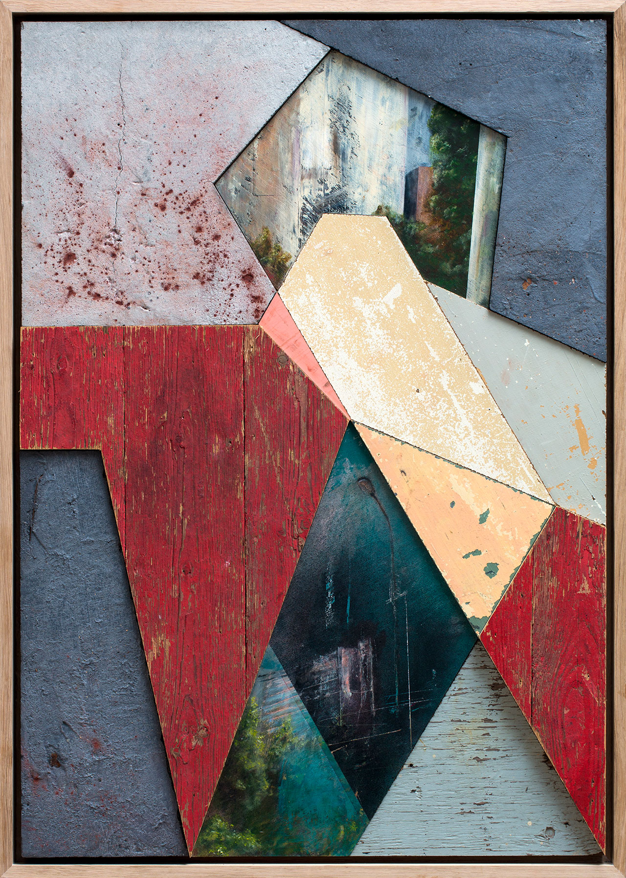 He moved on, 2015. Recycled wood, concrete, acrylic and medium on wood panel – Framed, 105 x 75 cm. Photo © Strook.