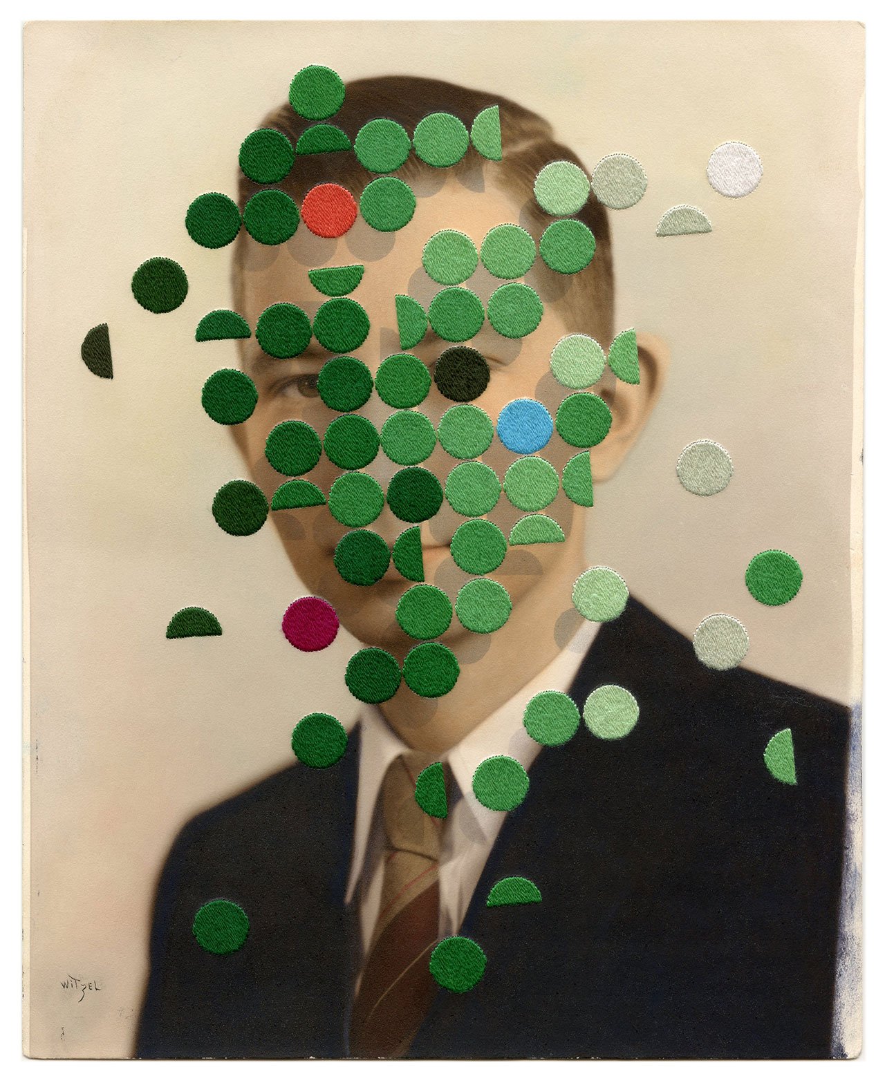 Julie Cockburn, The Ecologist, 2019. Hand embroidery and inkjet on found photograph. © Julie Cockburn, courtesy of Flowers Gallery.  
