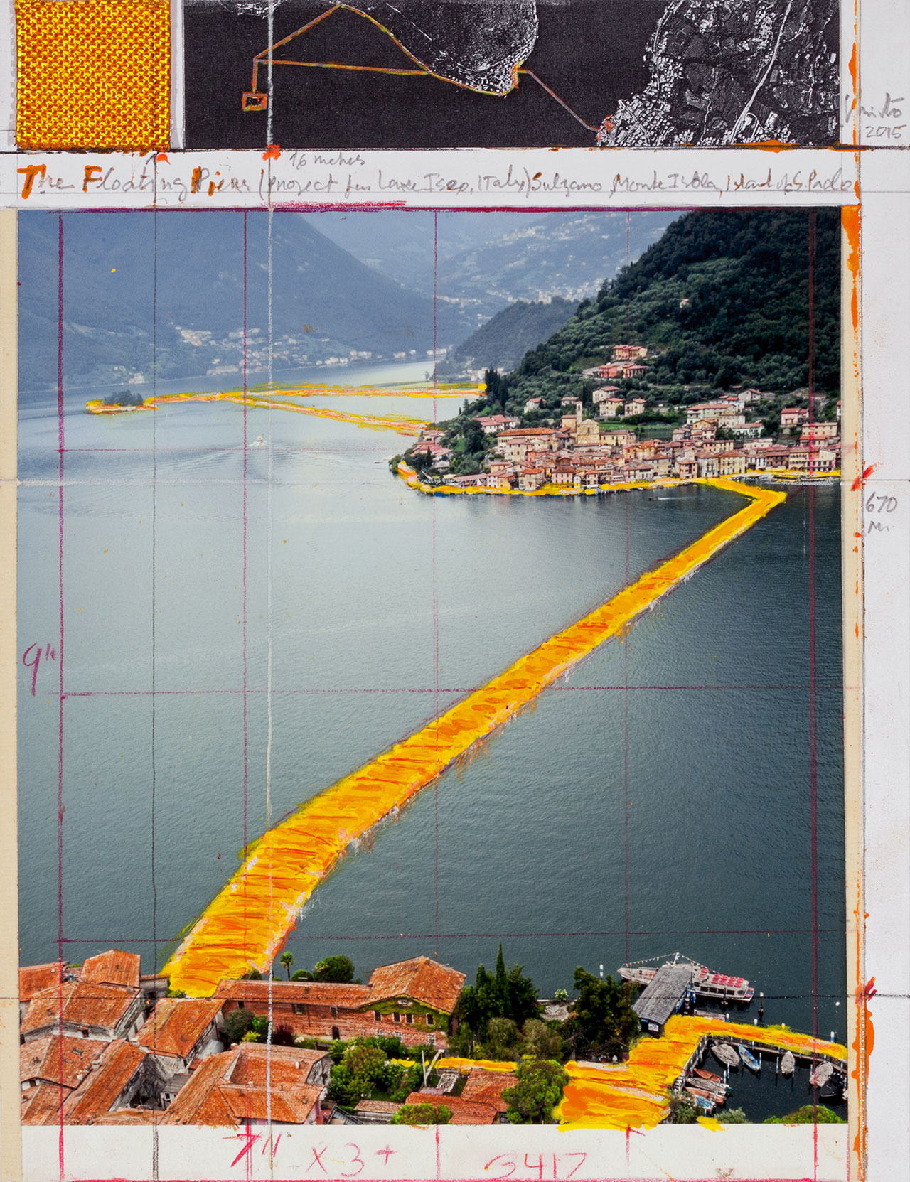 Christo, Collage 2015. 11 x 8 1/2" (28 x 21.5 cm). Pencil, wax crayon, enamel paint, photograph by Wolfgang Volz, aerial photograph and fabric sample. Photo by André Grossmann © 2015 Christo.