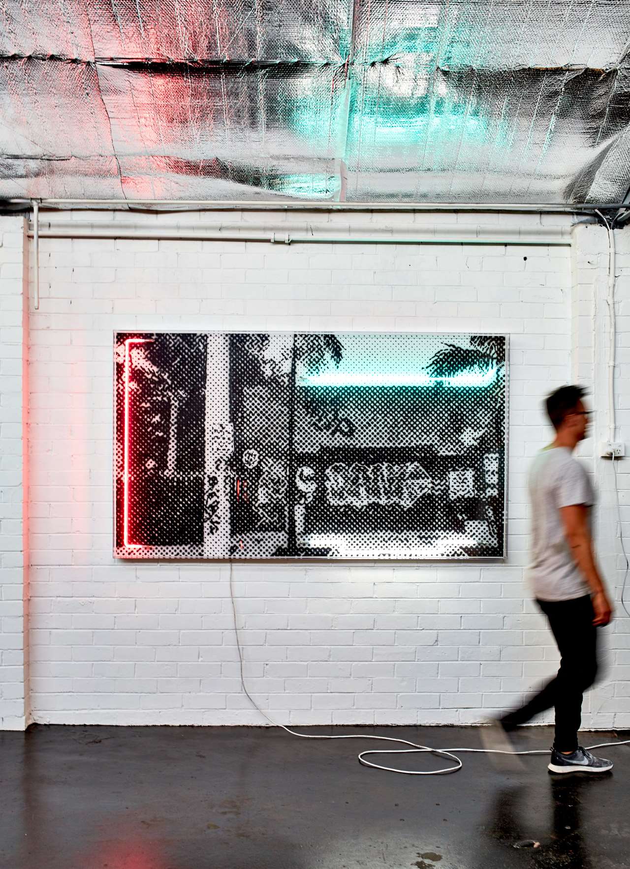 Tom Adair, Wynwood Walls, 2019. Airbrush polymer and neon on Dibond, Acrylic frame, 120x200cm. © Tom Adair.