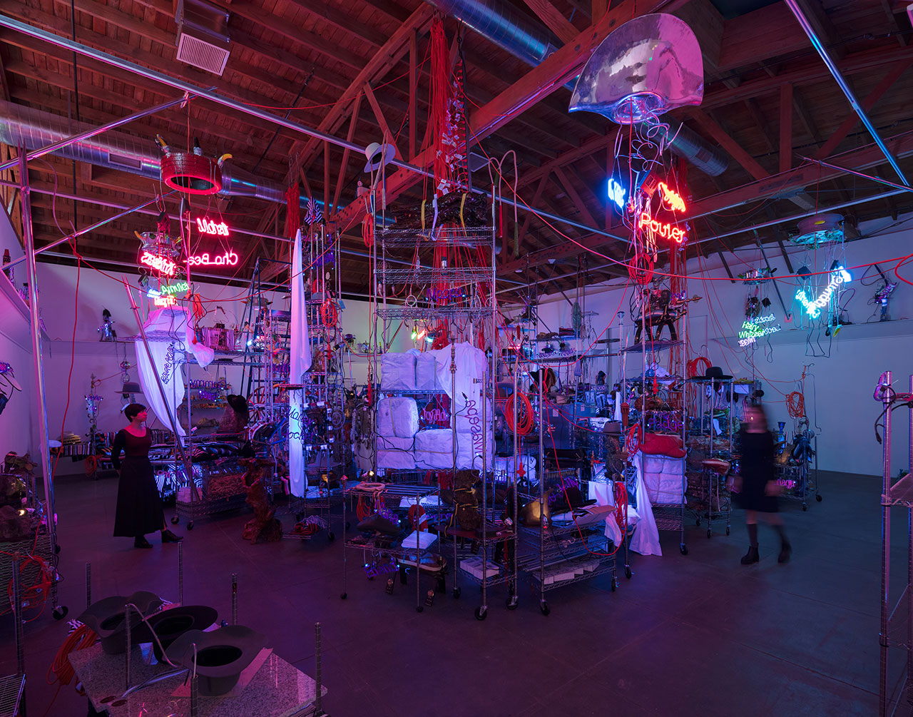Jason Rhoades, The Black Pussy... and the Pagan Idol Workshop, 2005. Mixed media. Dimensions variable. Installation view, ‘Jason Rhoades. Installations, 1994 – 2006’. Hauser &amp; Wirth Los Angeles, 2017 © The Estate of Jason Rhoades. Courtesy the estate, Hauser &amp; Wirth, David Zwirner and lender. Photo by Fredrik Nilsen.