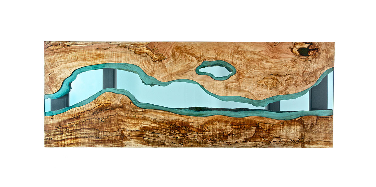 Spalted Maple River Console (top view), richly-colored spalted maple slabs, modern black steel legs, hand-cut blue glass, silky smooth finish, 49" x 18" x 32". Photo © Greg Klassen.